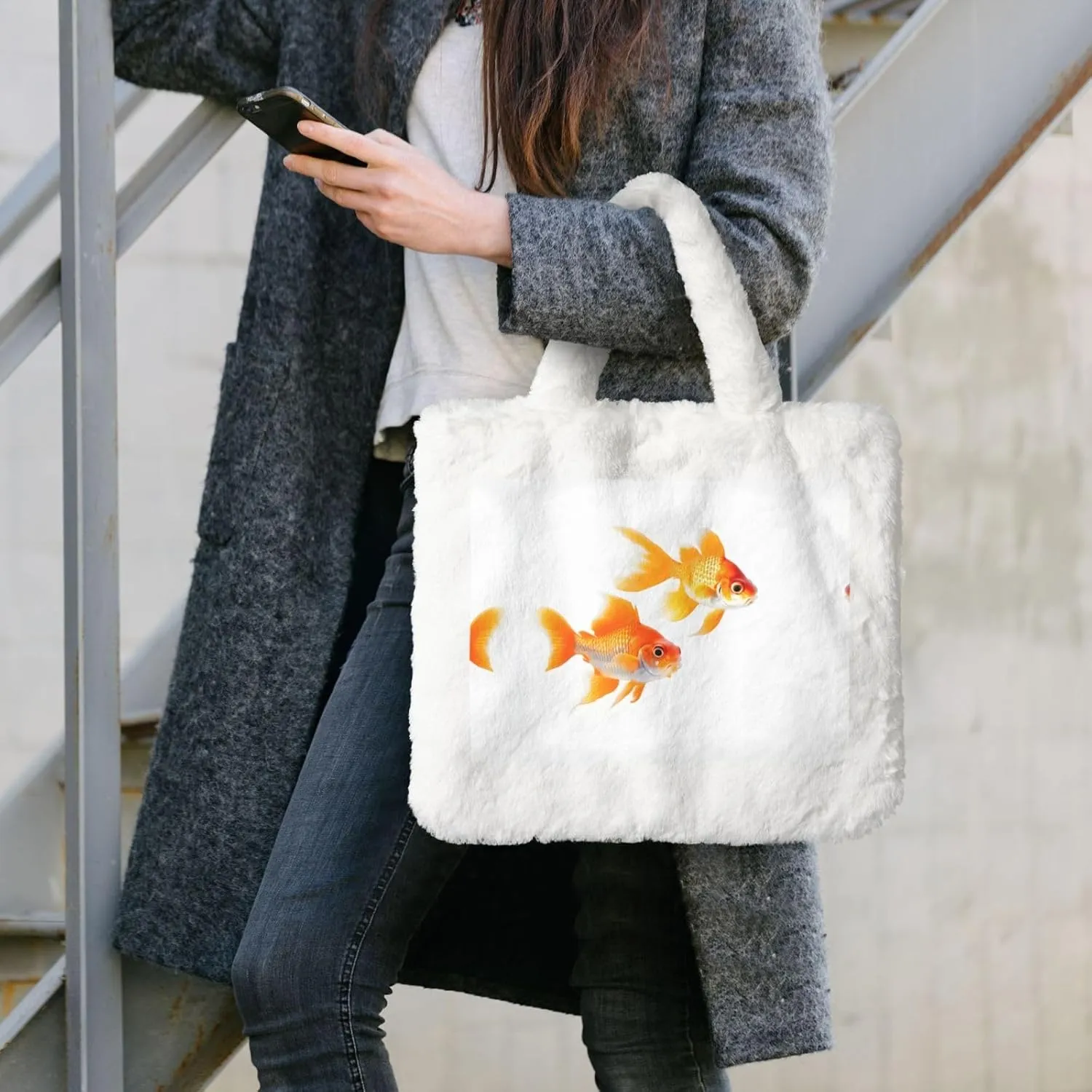 Cute Goldfishes Printing Fluffy Shoulder Bag Ladies Plush Underarm Bag Tote Bag Furry Purse Handbag For Work Travel
