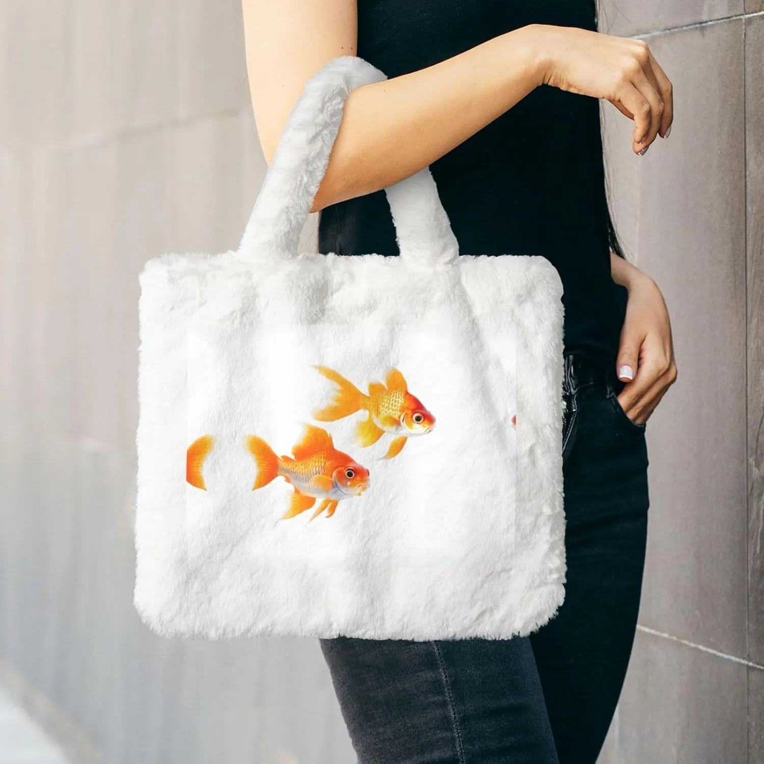 Cute Goldfishes Printing Fluffy Shoulder Bag Ladies Plush Underarm Bag Tote Bag Furry Purse Handbag For Work Travel