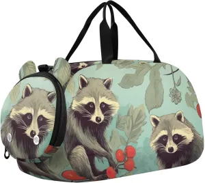 Cute Raccoons Duffle Bag for Girl, Sports Duffle Gym Bags with Shoe Compartment, Personalized Overnight Bag Travel Weekender for Kids