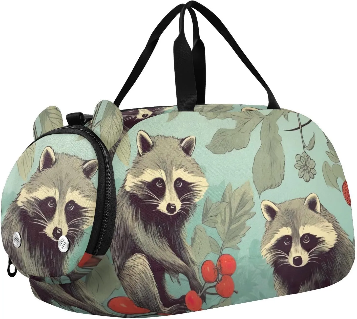 Cute Raccoons Duffle Bag for Girl, Sports Duffle Gym Bags with Shoe Compartment, Personalized Overnight Bag Travel Weekender for Kids