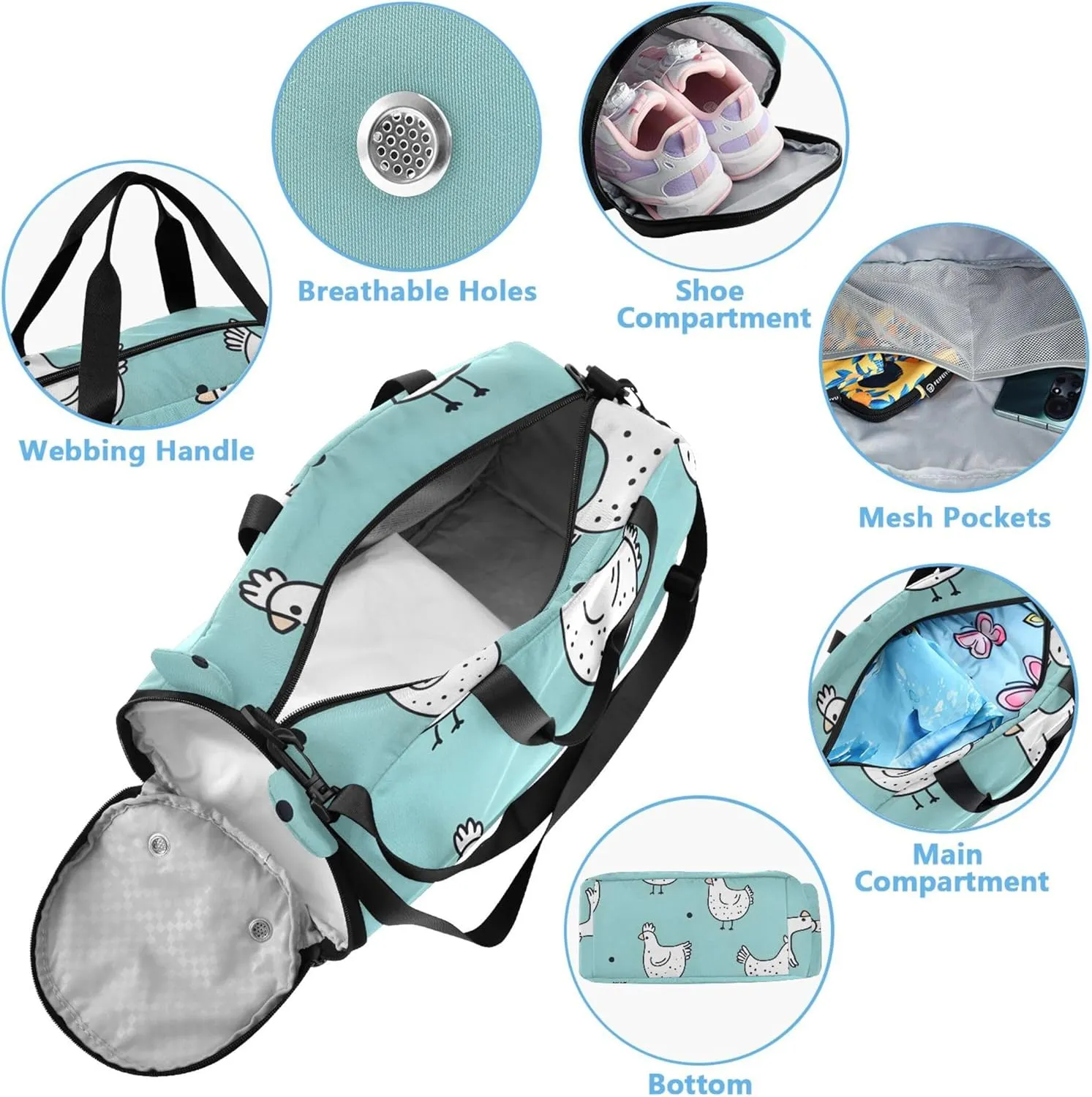 Cute White Chickens Green Travel Duffle Bags Girls Tote Weekender Overnight Sports Duffle Bag Carry on Duffel Bag for Boys