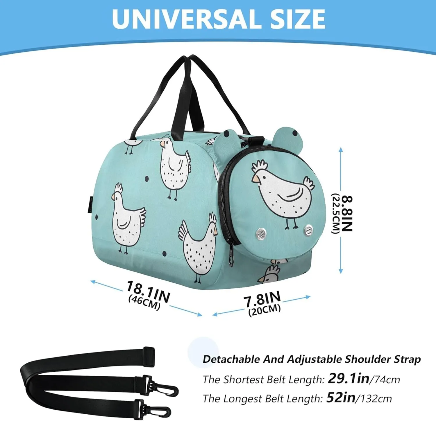 Cute White Chickens Green Travel Duffle Bags Girls Tote Weekender Overnight Sports Duffle Bag Carry on Duffel Bag for Boys