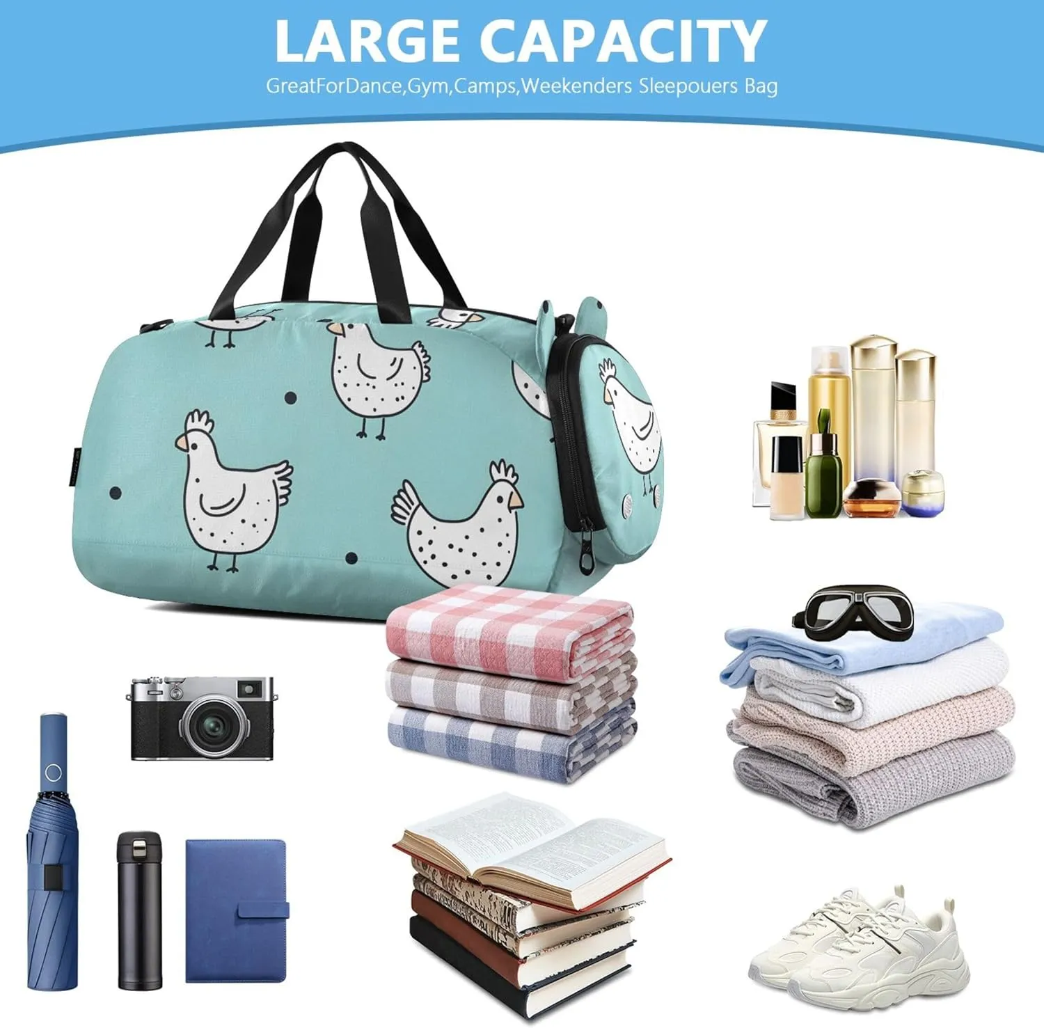 Cute White Chickens Green Travel Duffle Bags Girls Tote Weekender Overnight Sports Duffle Bag Carry on Duffel Bag for Boys