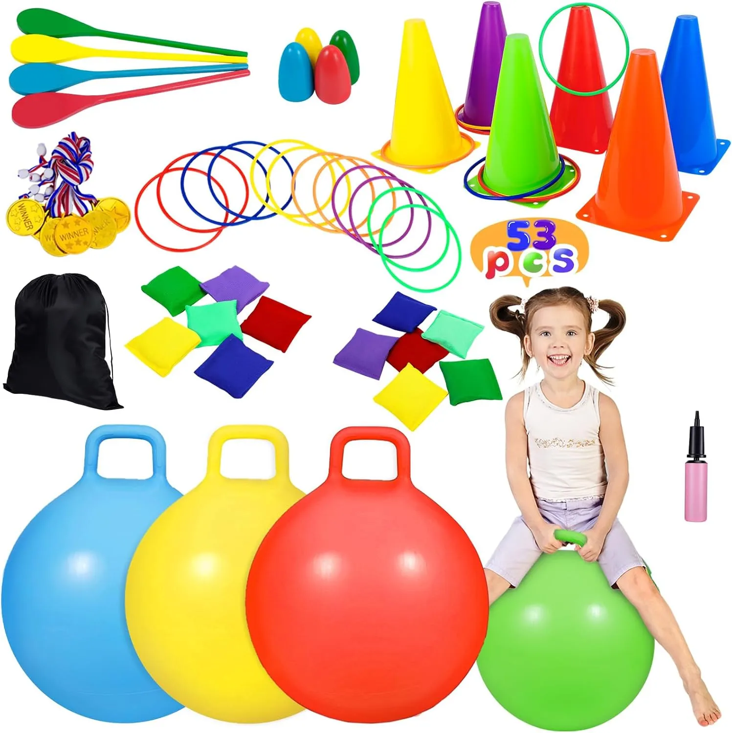 CWLAKON 53Pcs Carnival Outdoor Games Combo Set, Hopper Balls for Kids, Soft Plastic Cones Bean Bags Ring Toss Game, Egg Spoon Relay Race, Field Day Family Reunion Outside Yard Lawn 4th of July Games