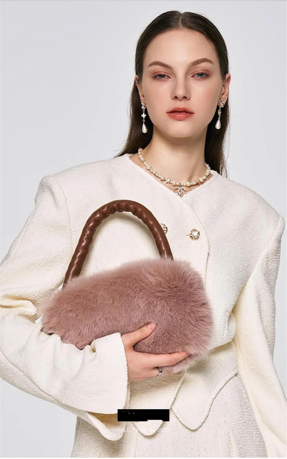 D-06 Women's Fluffy Real Fox Fur Handbag With Long Pearl Crossbody Chain Luxury One Shoulder Bags Bag Small Purse Furry (One Size, Dousha Purple)