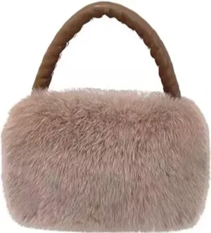 D-06 Women's Fluffy Real Fox Fur Handbag With Long Pearl Crossbody Chain Luxury One Shoulder Bags Bag Small Purse Furry (One Size, Dousha Purple)