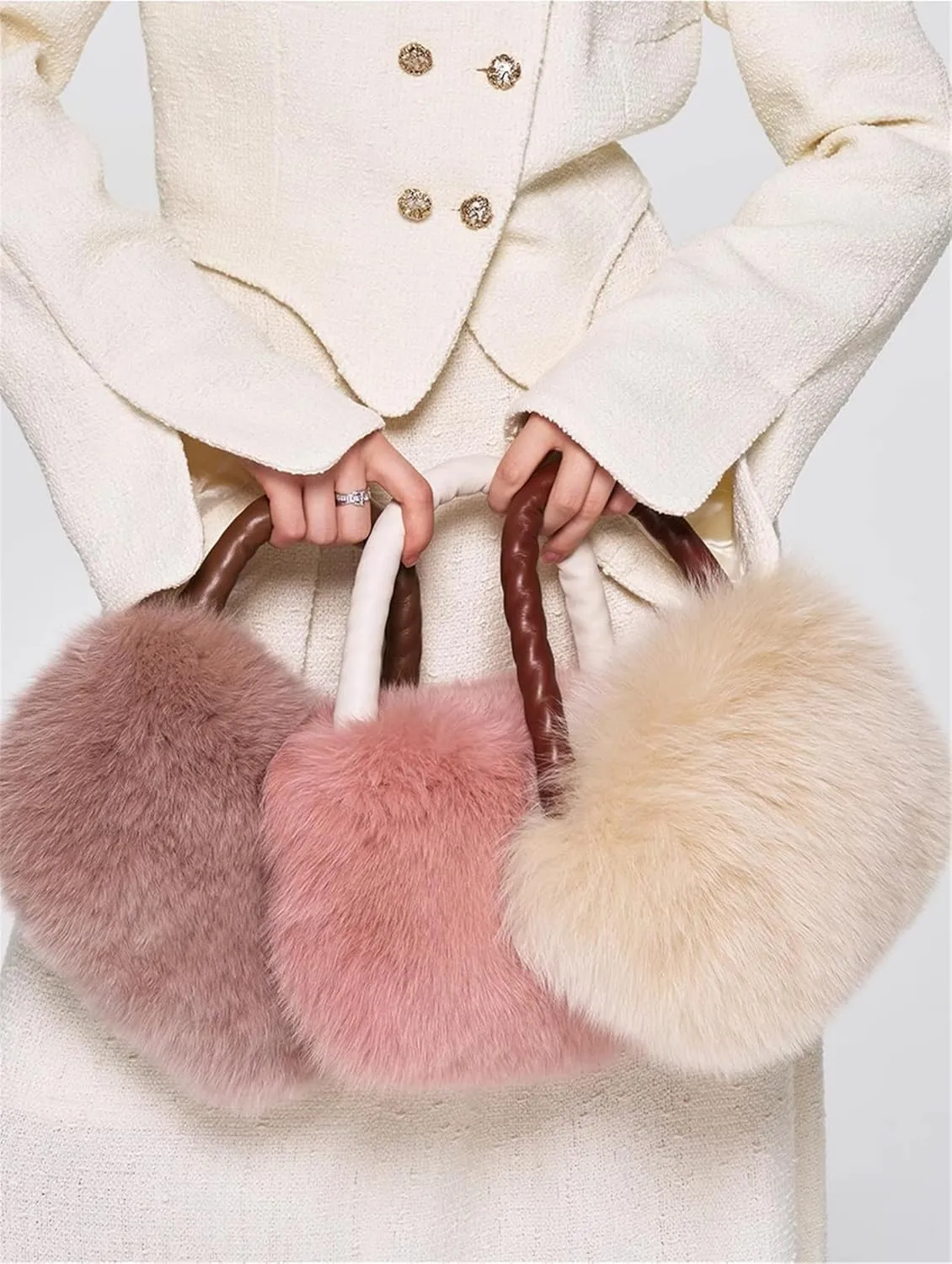 D-06 Women's Fluffy Real Fox Fur Handbag With Long Pearl Crossbody Chain Luxury One Shoulder Bags Bag Small Purse Furry (One Size, Dousha Purple)