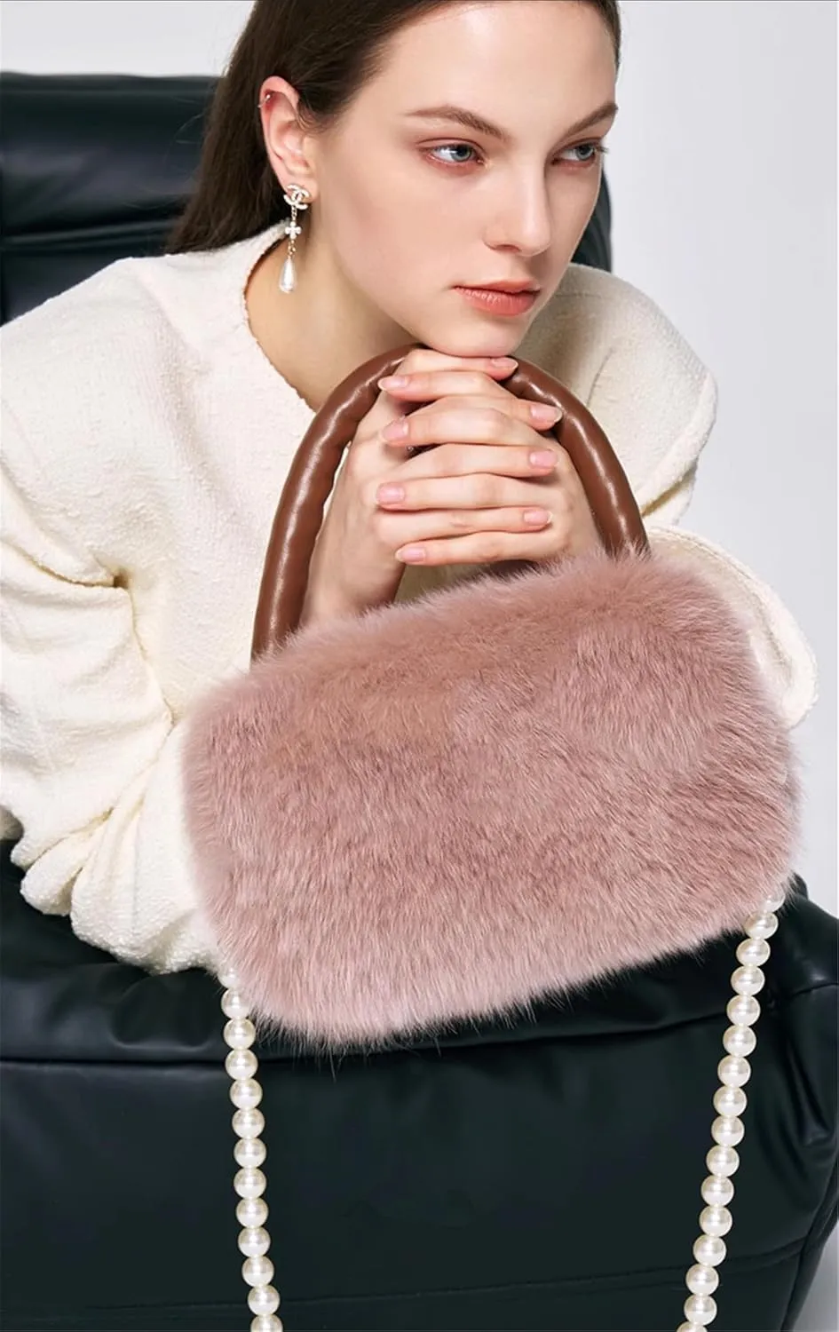 D-06 Women's Fluffy Real Fox Fur Handbag With Long Pearl Crossbody Chain Luxury One Shoulder Bags Bag Small Purse Furry (One Size, Dousha Purple)