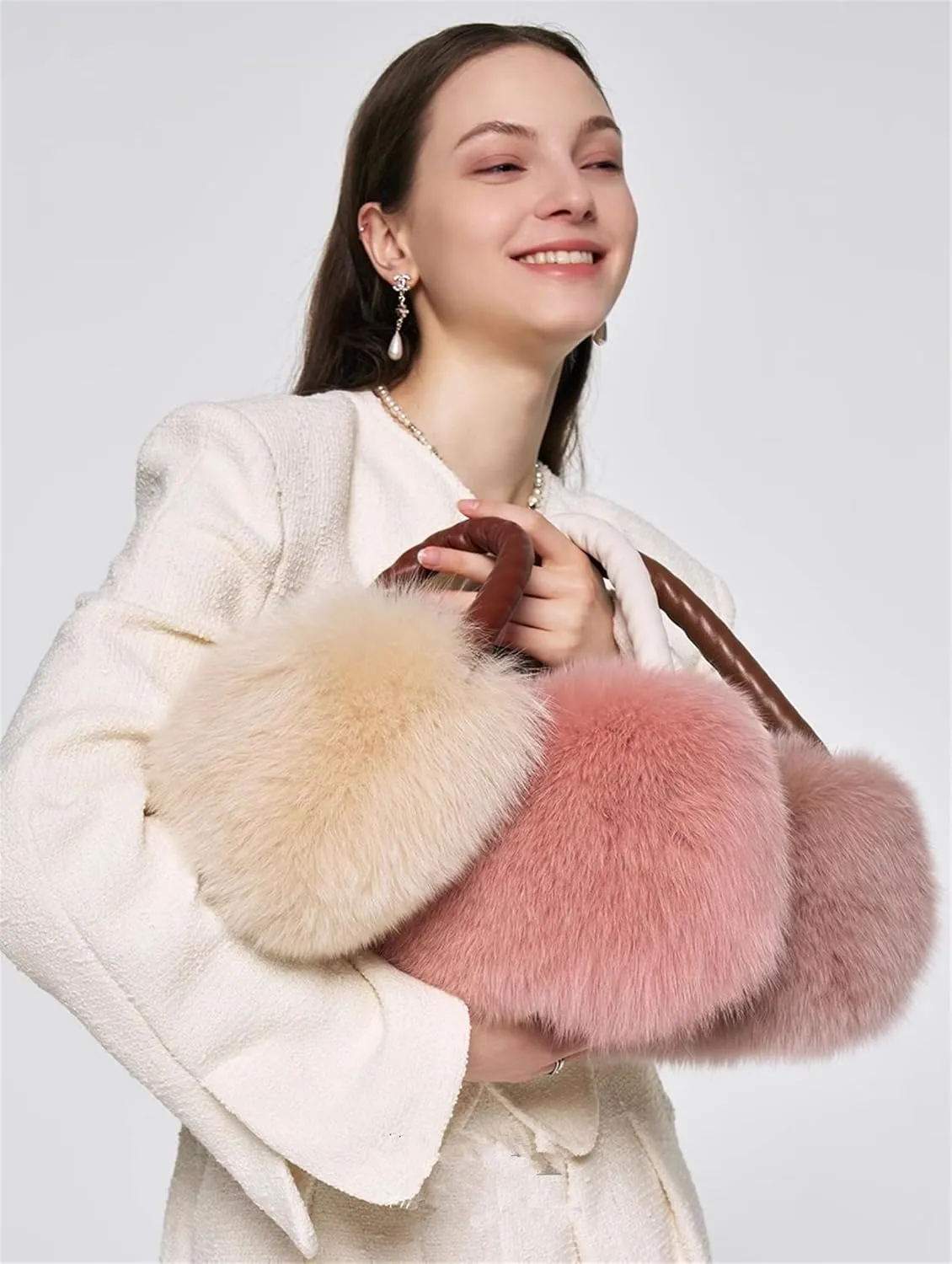 D-06 Women's Fluffy Real Fox Fur Handbag With Long Pearl Crossbody Chain Luxury One Shoulder Bags Bag Small Purse Furry (One Size, Dousha Purple)