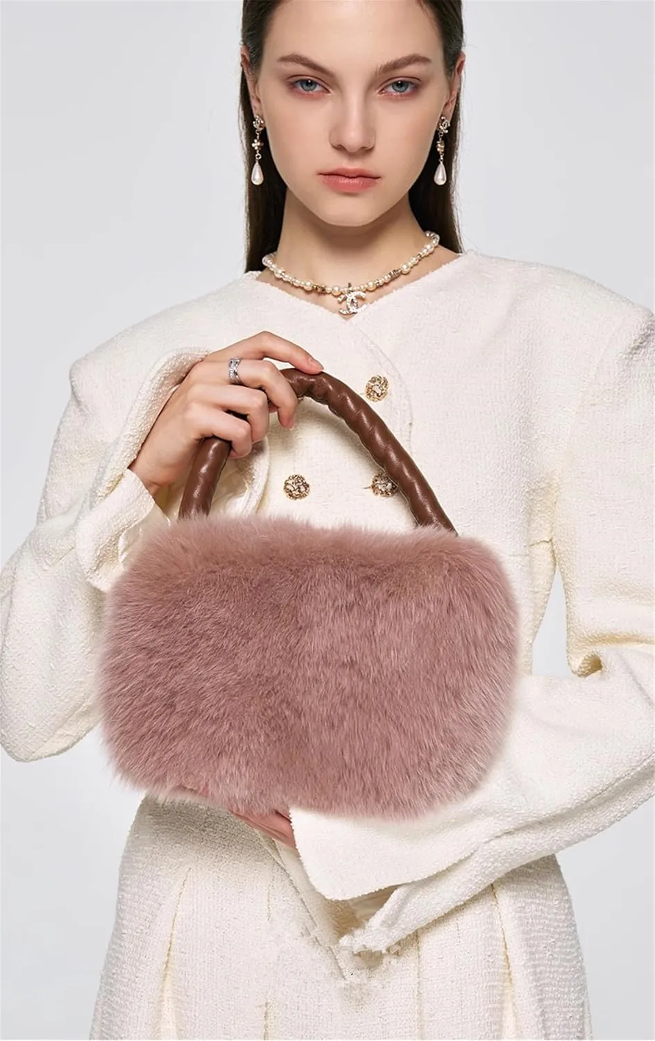 D-06 Women's Fluffy Real Fox Fur Handbag With Long Pearl Crossbody Chain Luxury One Shoulder Bags Bag Small Purse Furry (One Size, Dousha Purple)