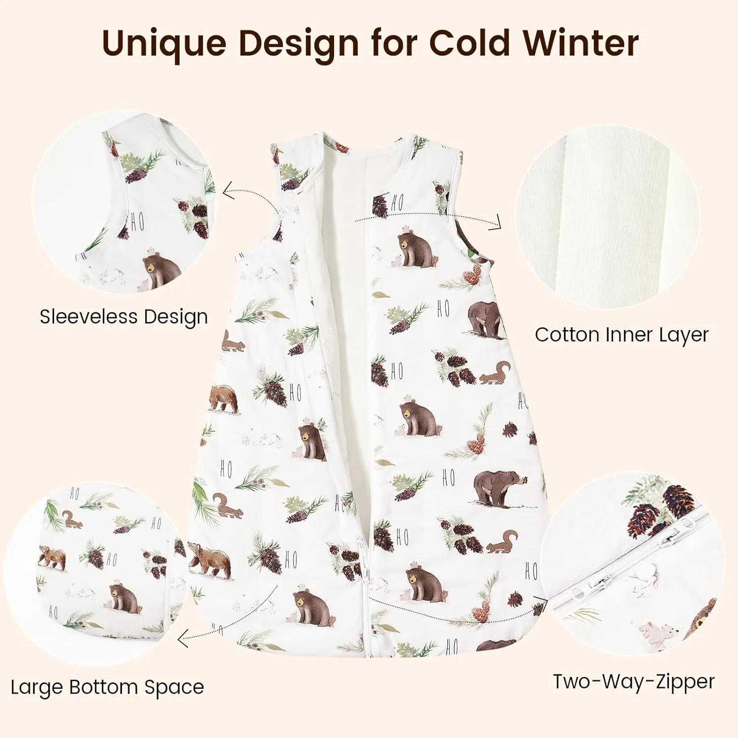 david's kids Baby Winter Sleep Sack 18-24 Months, 2.5 TOG Cotton Baby Wearable Blanket with 2-Way Zipper, Warm Sleep Sack for Unisex Boys Girls, X-Large Size, Animals