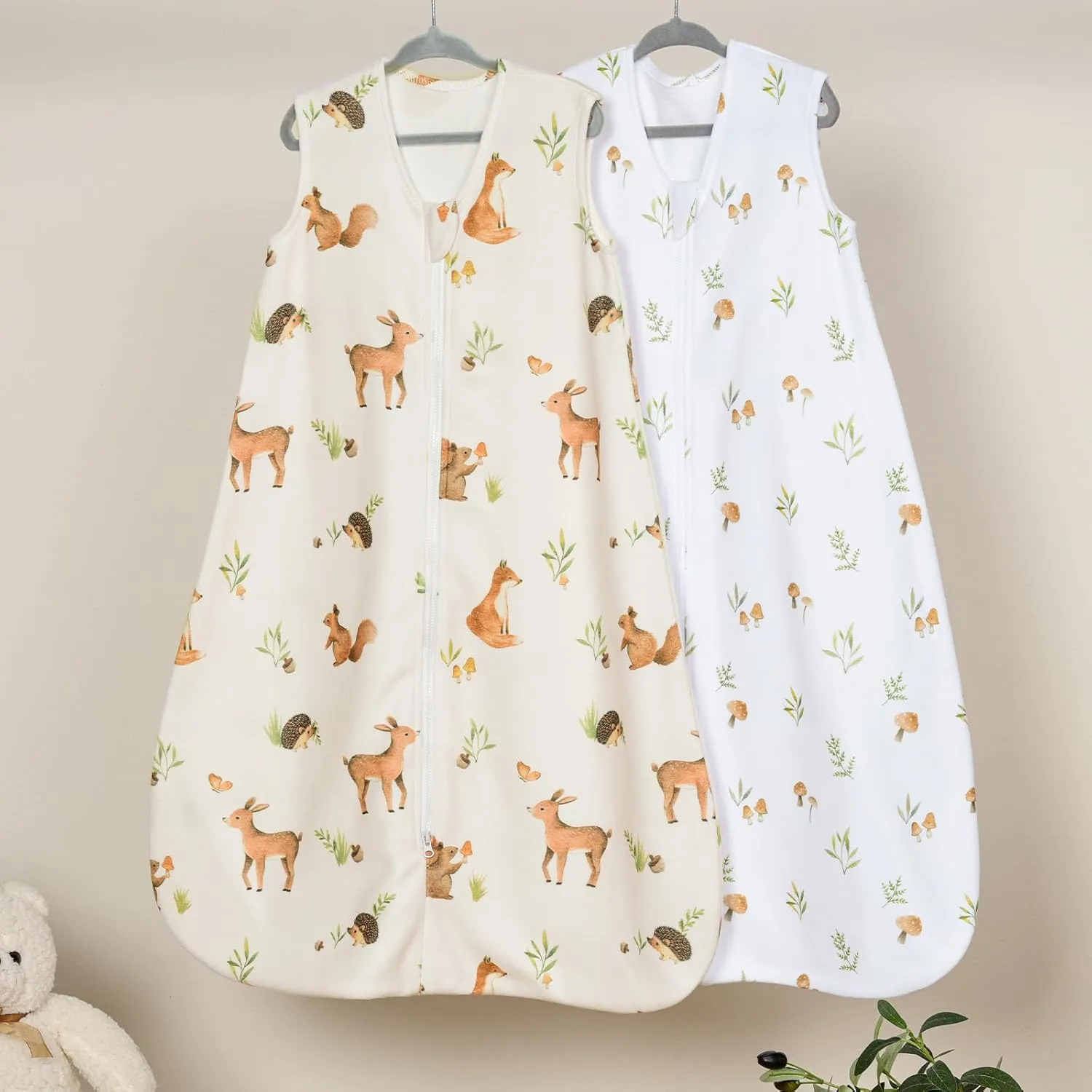 david's kids Micro Fleece Baby Sleep Sack 6-12 Months, Warm Baby Wearable Blankets with 2-Way Zipper, 2 Pack Sleeping Bags for Infant Newborn Boys Girls Neutral, Medium Size, Forest/Woodland Animals
