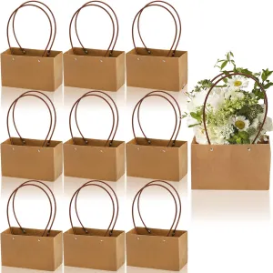 DEAYOU 10-Pack Kraft Paper Flower Gift Bags, Brown Bouquet Bag Box with Handle, Small Brown Paper Carrier Tote Bags with Waterproof Lining for Floral Arrangements, Party Favor, Ultra Thick