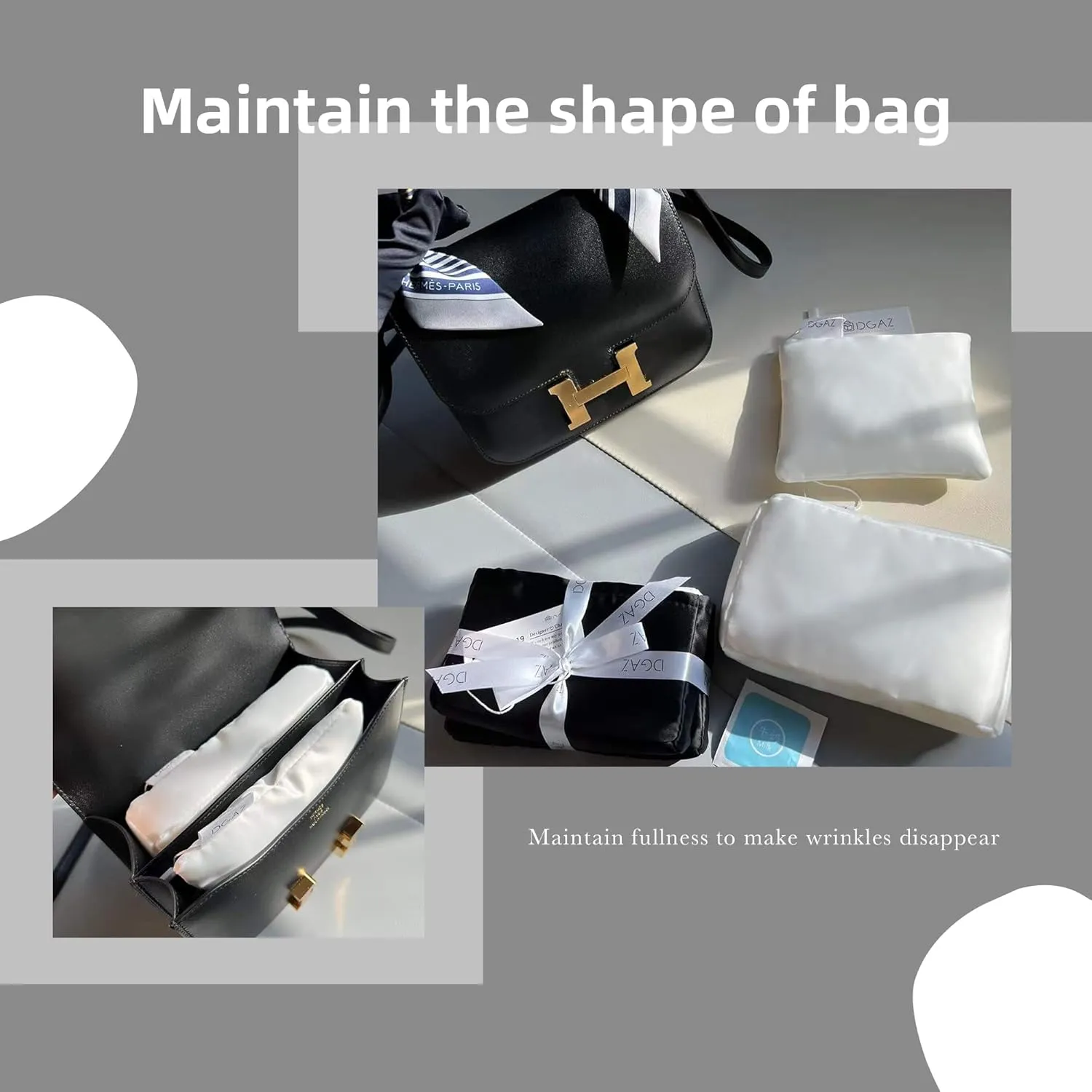 DGAZ Bag Pillow Shaper Insert for Luxury Handbags, Silky Pillow Shaper for Hermes Constance 19/New19/24/New24 Bags（C19,White）