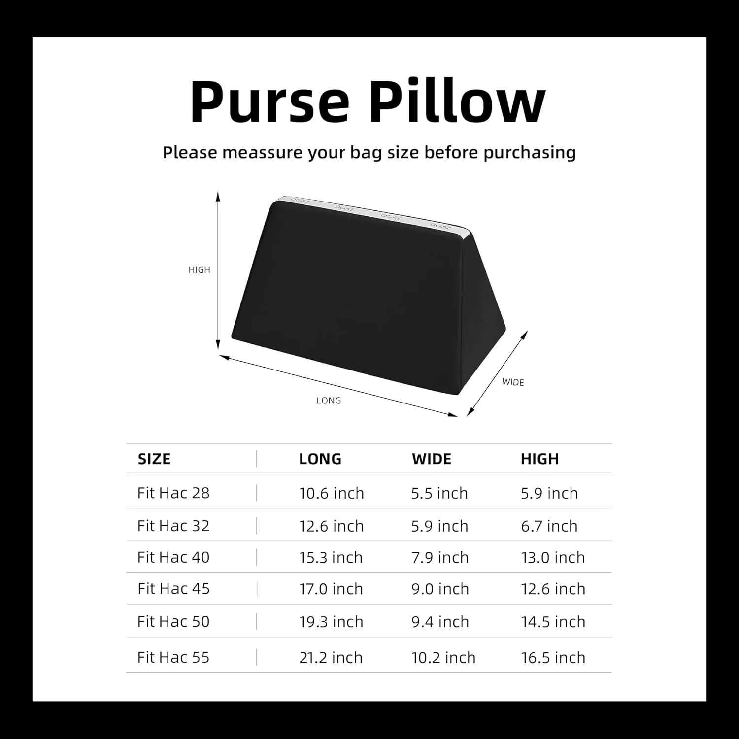 DGAZ Purse Pillow Shaper Insert for Hermes Hac Bags, Silky Pillow Shaper for Luxury Handbags(Black,Hac 50)