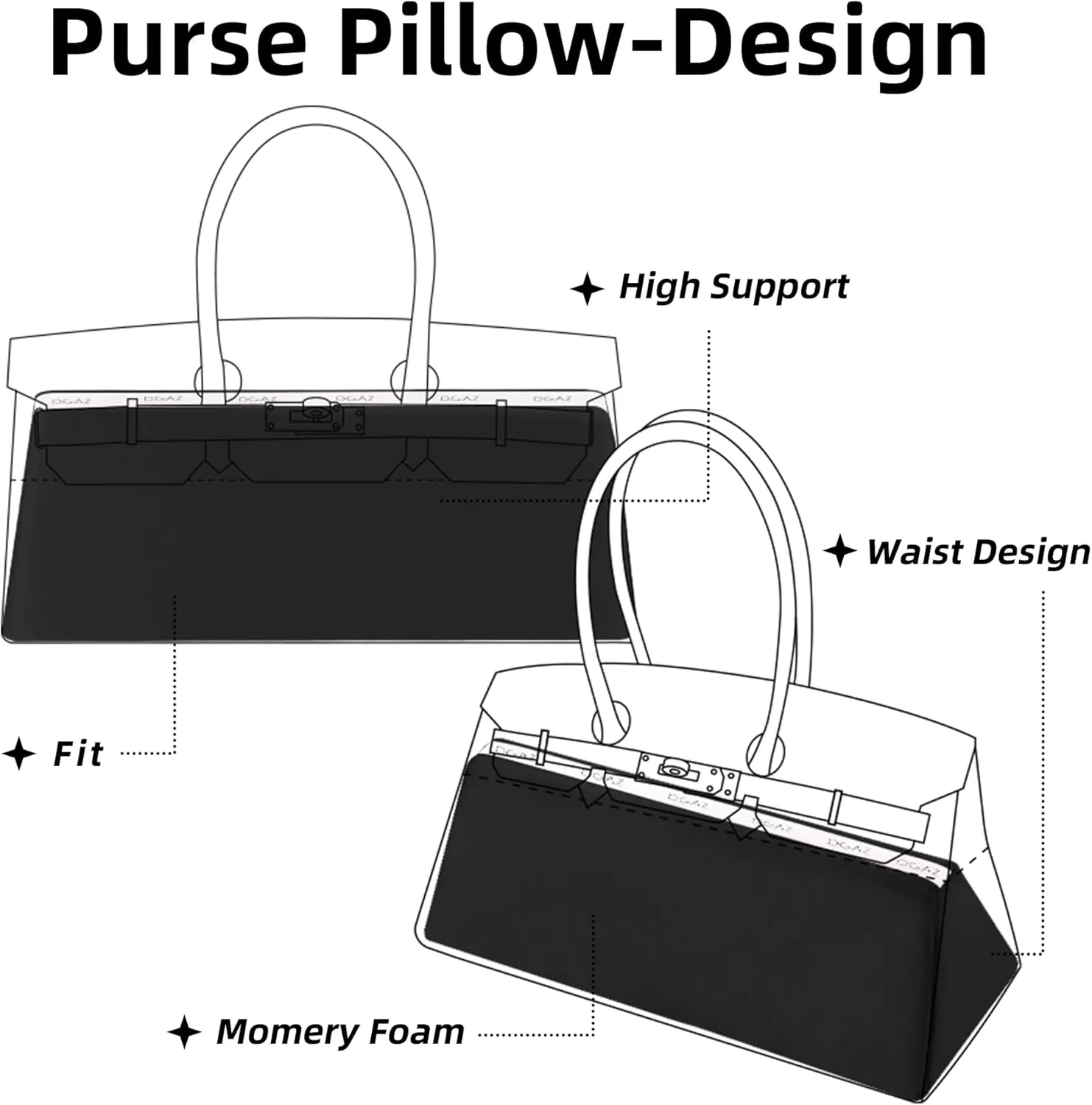 DGAZ Purse Pillow Shaper Insert for Hermes Shoulder Birkin/Hac/Kelly Bags, Silky Pillow Shaper for Luxury Handbags(Black,Shoulder Birkin)