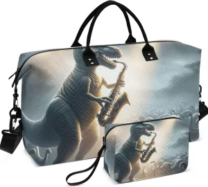 Dinosaur Musician Funny Duffel Bag Womens Cosmetic Bags Set of 2, Animals Womens Gym Tote Bags Carry on Bags for Airplanes