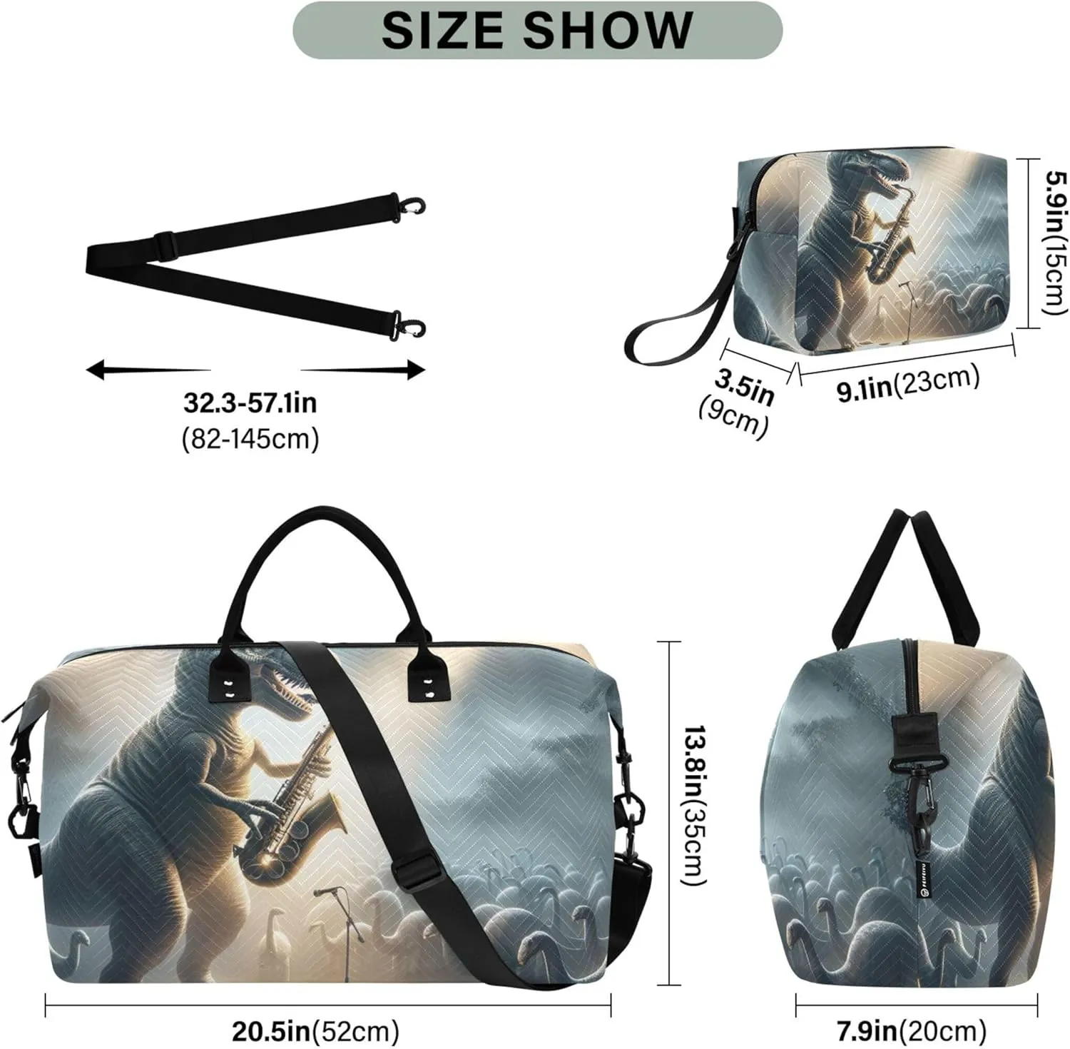 Dinosaur Musician Funny Duffel Bag Womens Cosmetic Bags Set of 2, Animals Womens Gym Tote Bags Carry on Bags for Airplanes