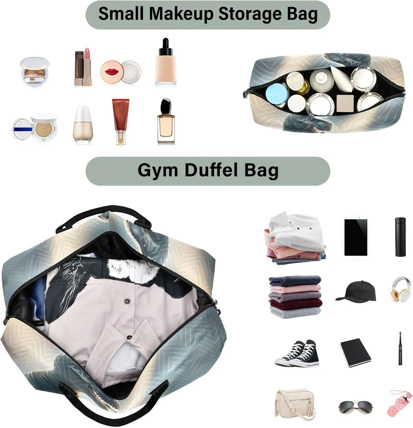 Dinosaur Musician Funny Duffel Bag Womens Cosmetic Bags Set of 2, Animals Womens Gym Tote Bags Carry on Bags for Airplanes