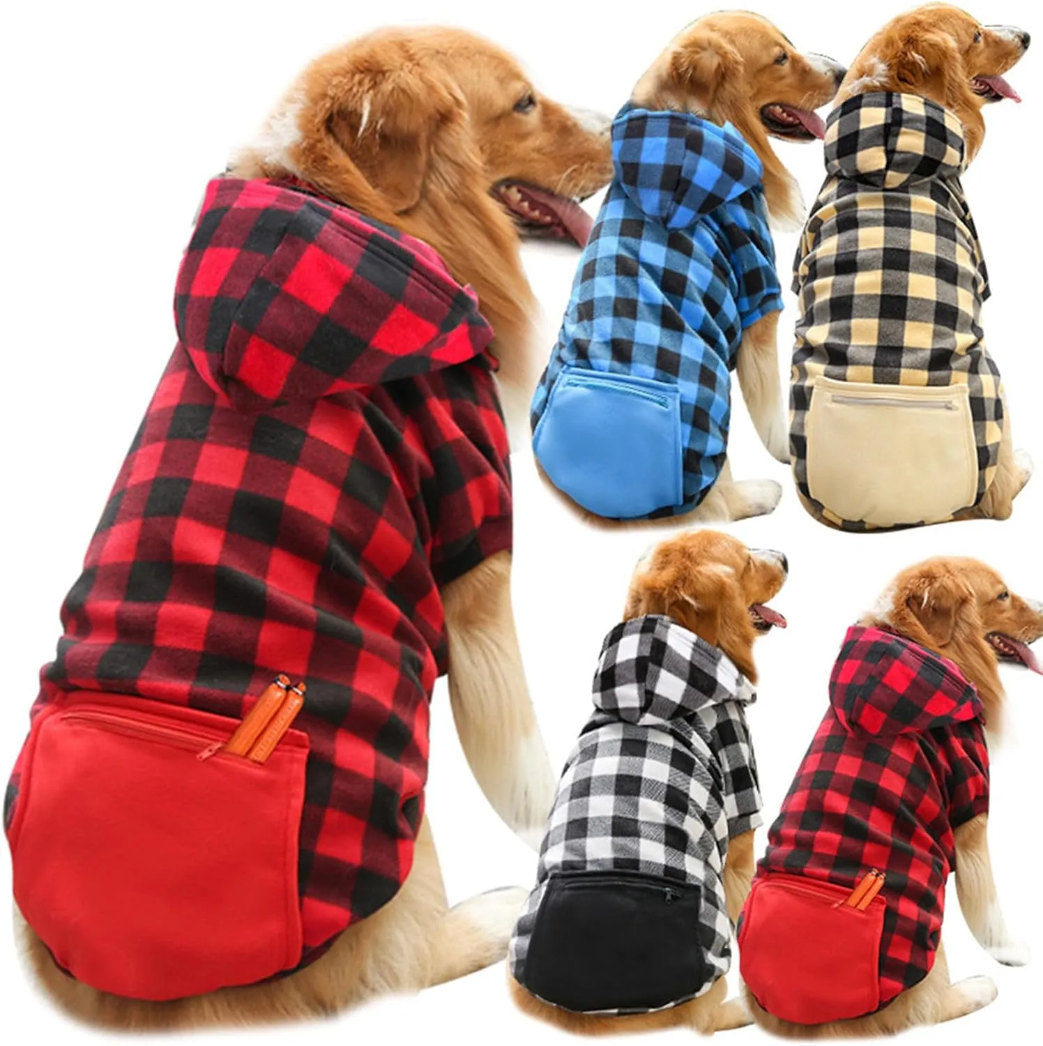 Dog Hoodies with Pocket Pet Clothes Warm Hoodie Sweater for Small Medium Large Dogs White Plaid 4XL