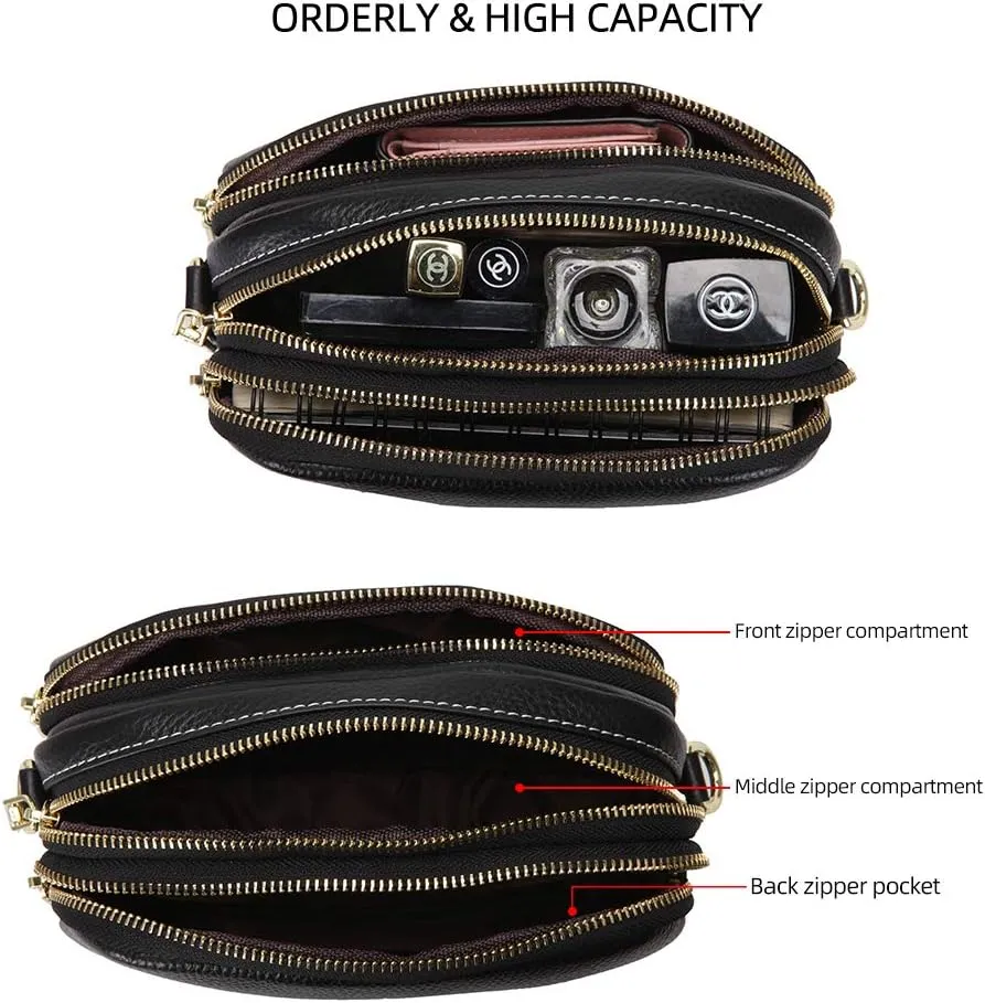 DORIS&JACKY Leather Crossbody Bag For Women Small Soft Triple Zipper Shoulder Handbags With Adjustable Strap…
