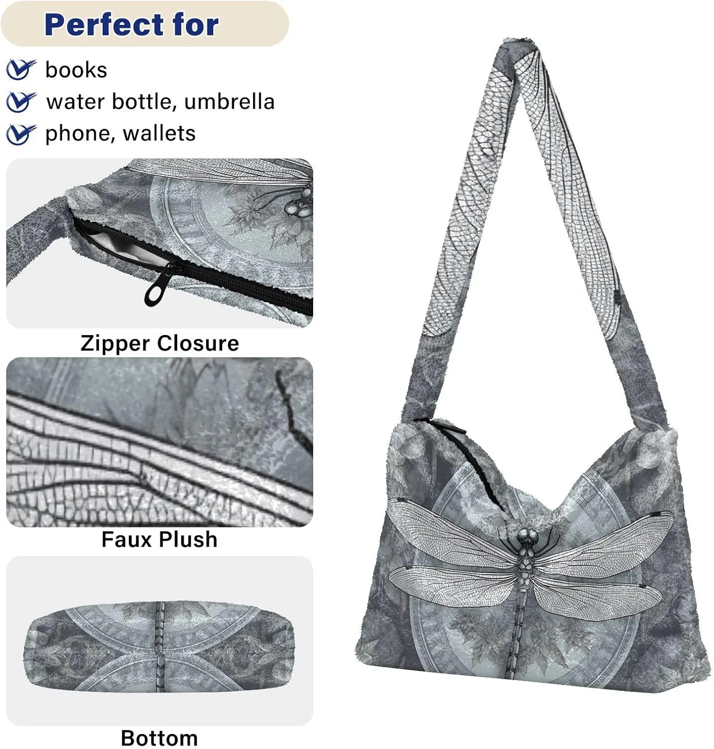 Dragonfly Rose Palace Carpet Woman Shoulder Bag, Plush Handbag, Autumn Handbags