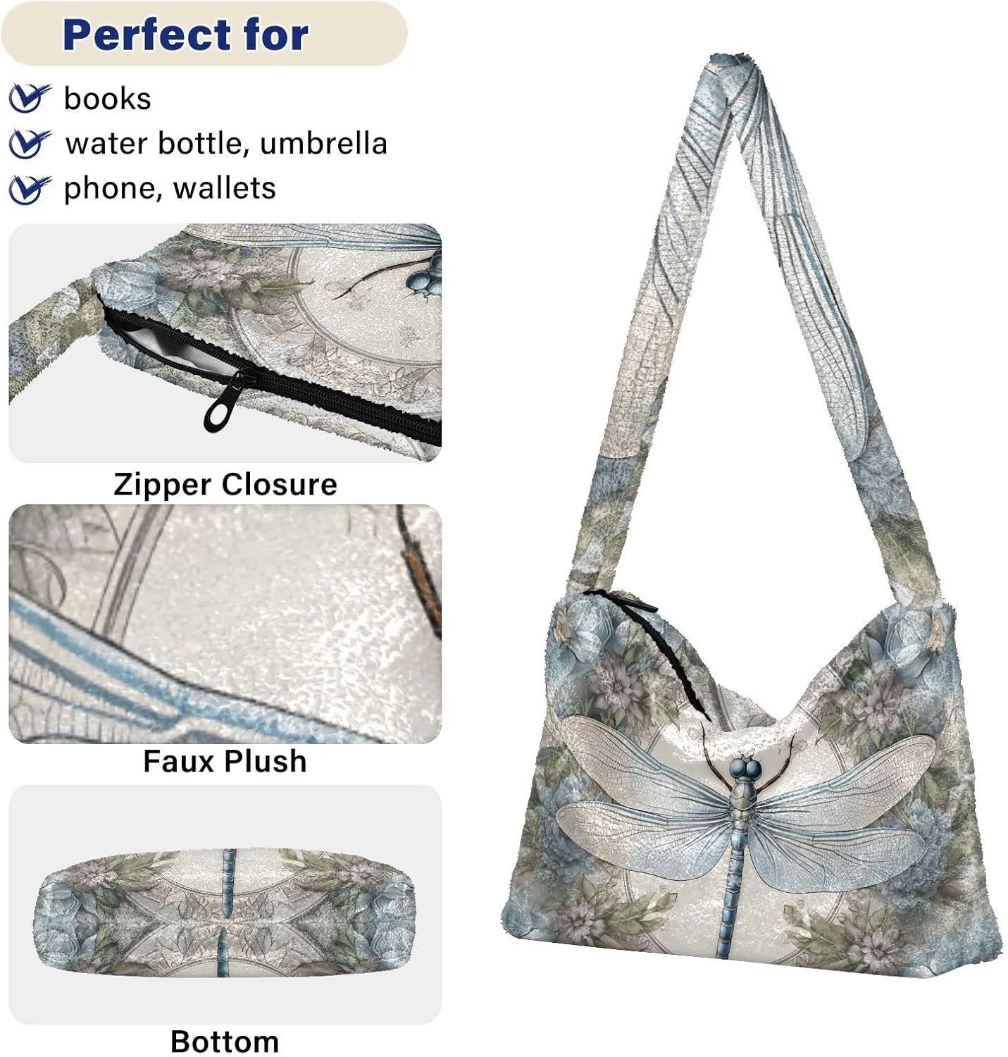 Dragonfly Rose Palace Carpet Woman Shoulder Bag, Plush Handbag, Autumn Handbags