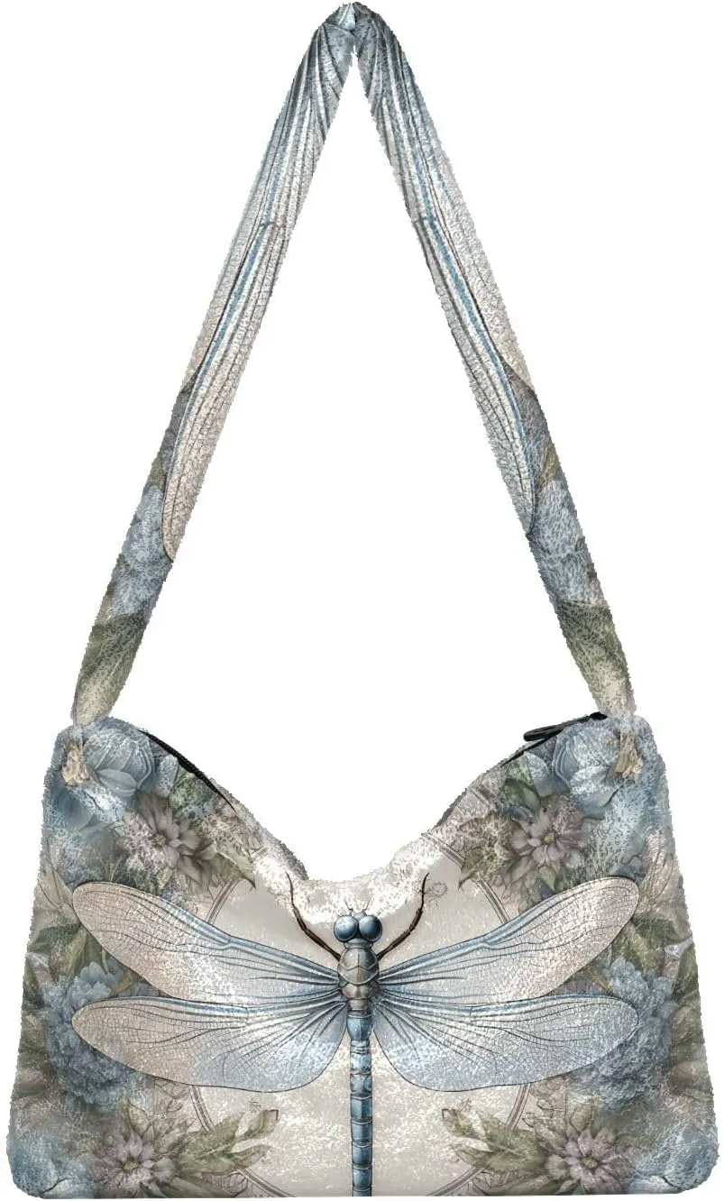 Dragonfly Rose Palace Carpet Woman Shoulder Bag, Plush Handbag, Autumn Handbags