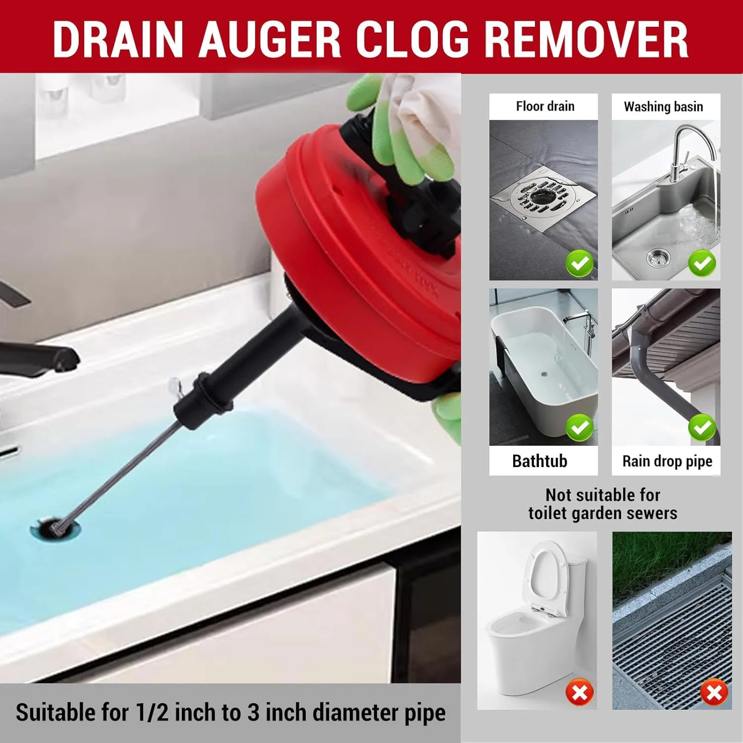 Drain Auger Clog Remover, Manual and Drill Modes, High Flexibility & Efficiency for Blockages in 1/2 to 3 inch Pipes, Kitchen Drain Auger for Easy Clearing (7.5m Spring)