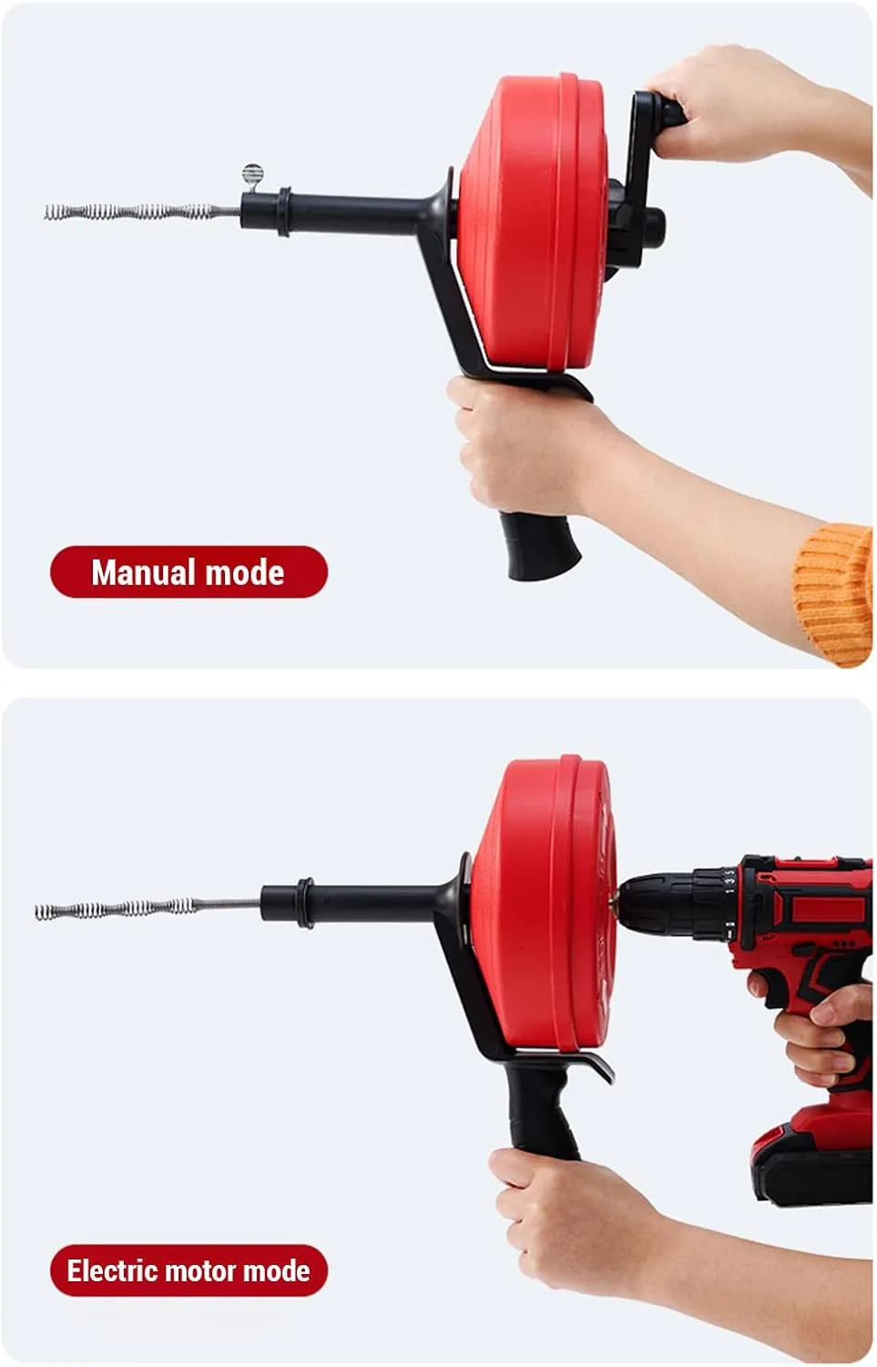 Drain Auger Clog Remover, Manual and Drill Modes, High Flexibility & Efficiency for Blockages in 1/2 to 3 inch Pipes, Kitchen Drain Auger for Easy Clearing (7.5m Spring)