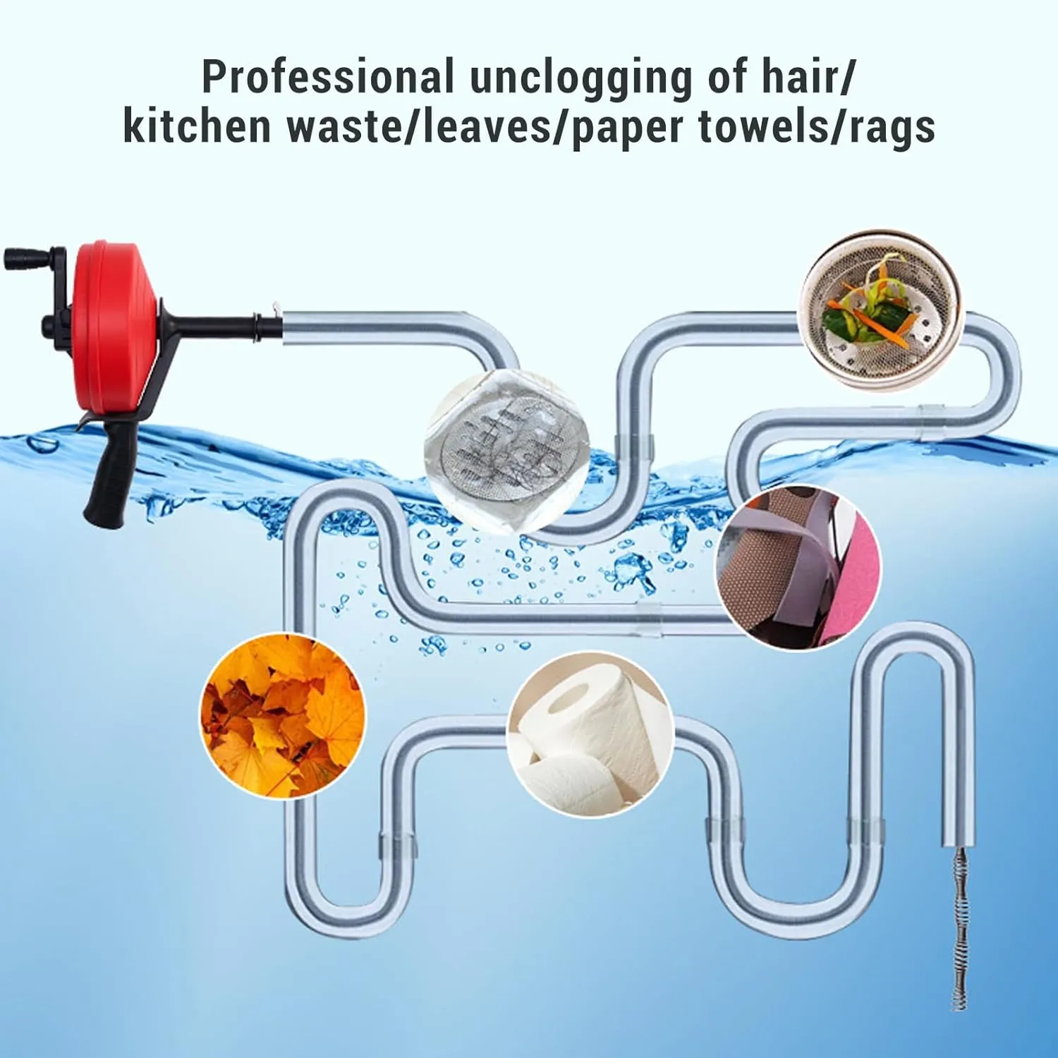 Drain Auger Clog Remover, Manual and Drill Modes, High Flexibility & Efficiency for Blockages in 1/2 to 3 inch Pipes, Kitchen Drain Auger for Easy Clearing (7.5m Spring)