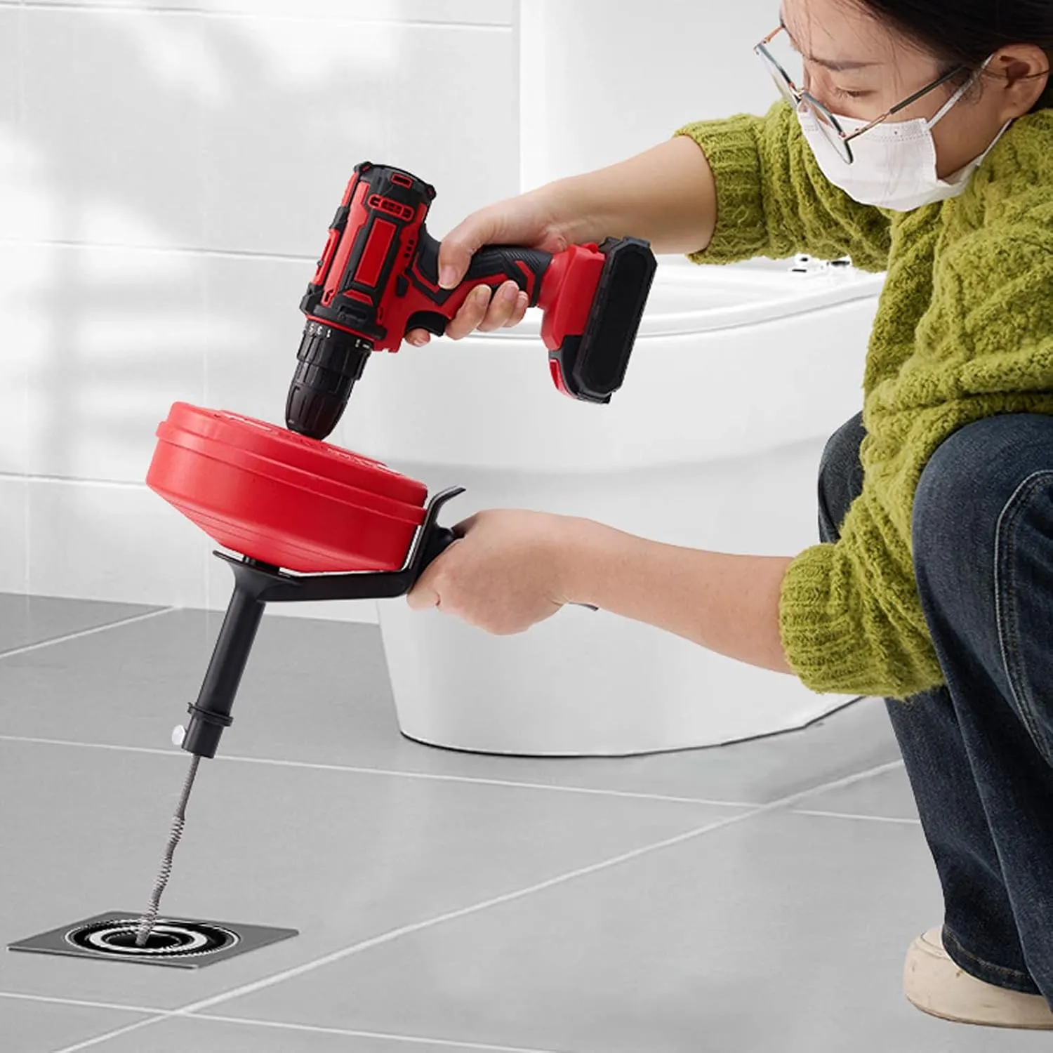 Drain Auger Clog Remover, Manual and Drill Modes, High Flexibility & Efficiency for Blockages in 1/2 to 3 inch Pipes, Kitchen Drain Auger for Easy Clearing (7.5m Spring)