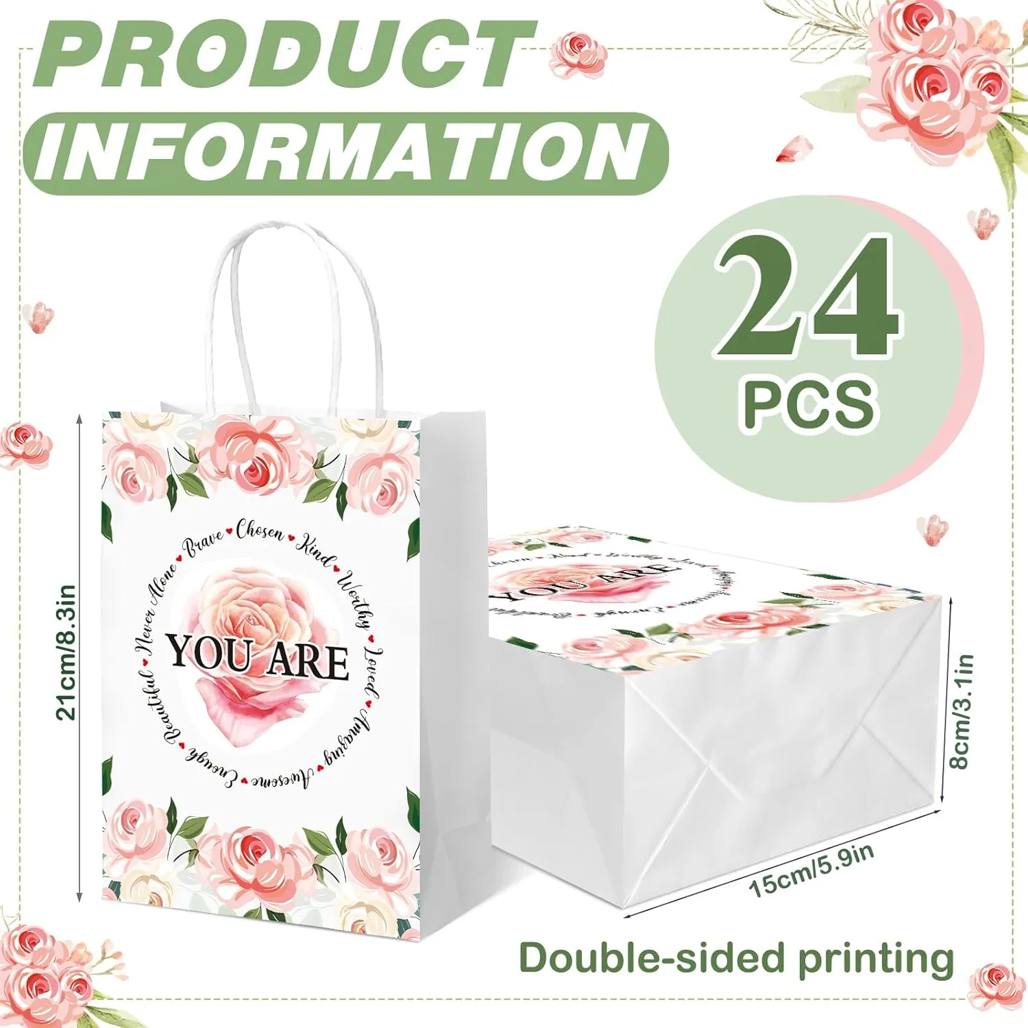 Dunzoom 24 Pcs Mother's Day Gift Bags You Are Amazing Christian Bible Verse Paper Party Favor Bags with Handles for Church Woman Teacher Party Supplies 8.3 x 5.9 x 3.1 Inch(Green Leaf)