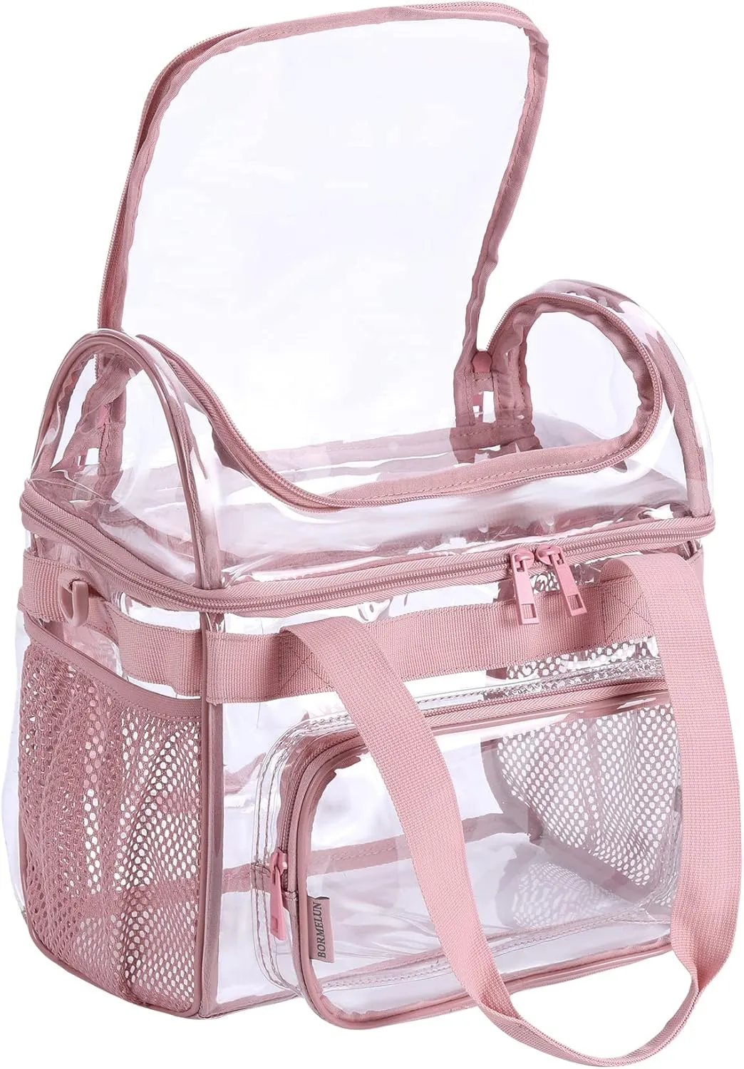 Durable See-Through Clear Lunch Bag with Tote Handle for Women - Perfect for Work, Office, School and Picnic - 12x12x6 inches - Pink