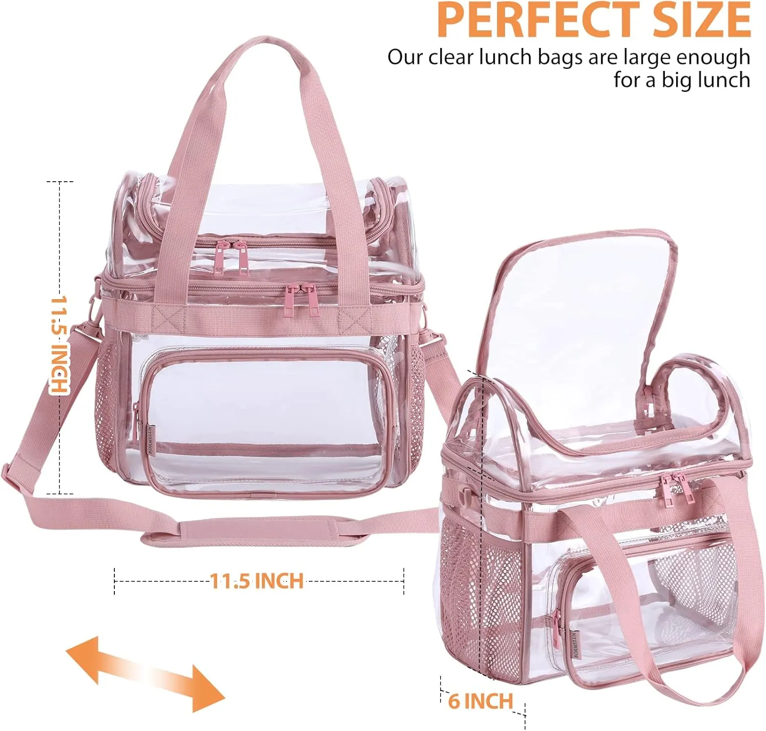 Durable See-Through Clear Lunch Bag with Tote Handle for Women - Perfect for Work, Office, School and Picnic - 12x12x6 inches - Pink