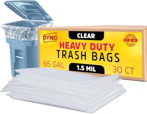 Dyno Products Online 65 Gallon Heavy Duty Trash Bags, 1.5 Mil Clear, 30 Count, Large Trash Bags, Individually Folded, Industrial Strength, Made in USA