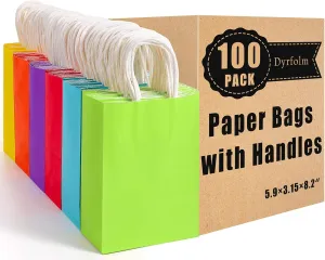 Dyrfolm 100 Pack Paper Gift Bags, Kraft Paper Party Favor Bags with Handles, Assorted Colors Gift bags with Handles, Small Goodie Bags for Kids Birthday Wedding Parties (6 Colors, 5.9"3.15"8.2")