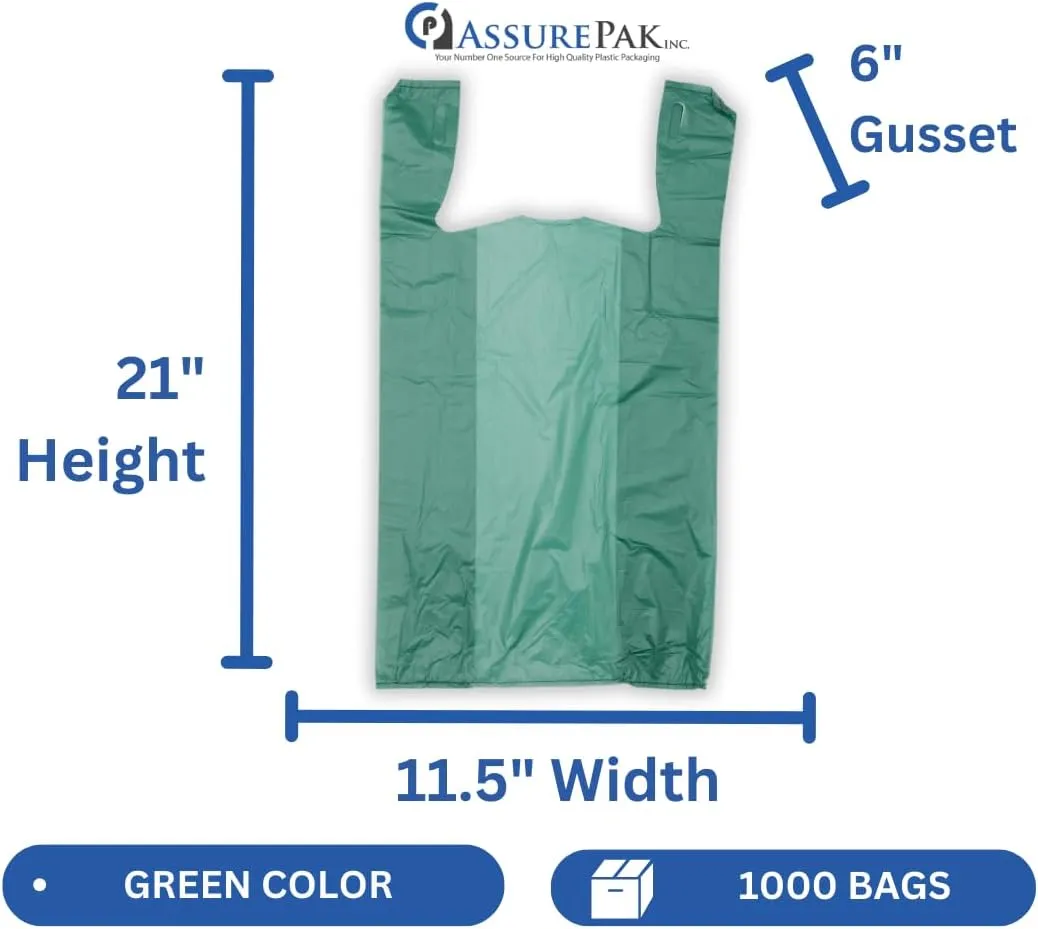 Easy Open - Colored Unprinted HDPE T-Shirt Bags - 1/6 BBL 11.5"X6"X21" - 1000 Bags - 13 microns - Green - LOOP-GREEN-EO
