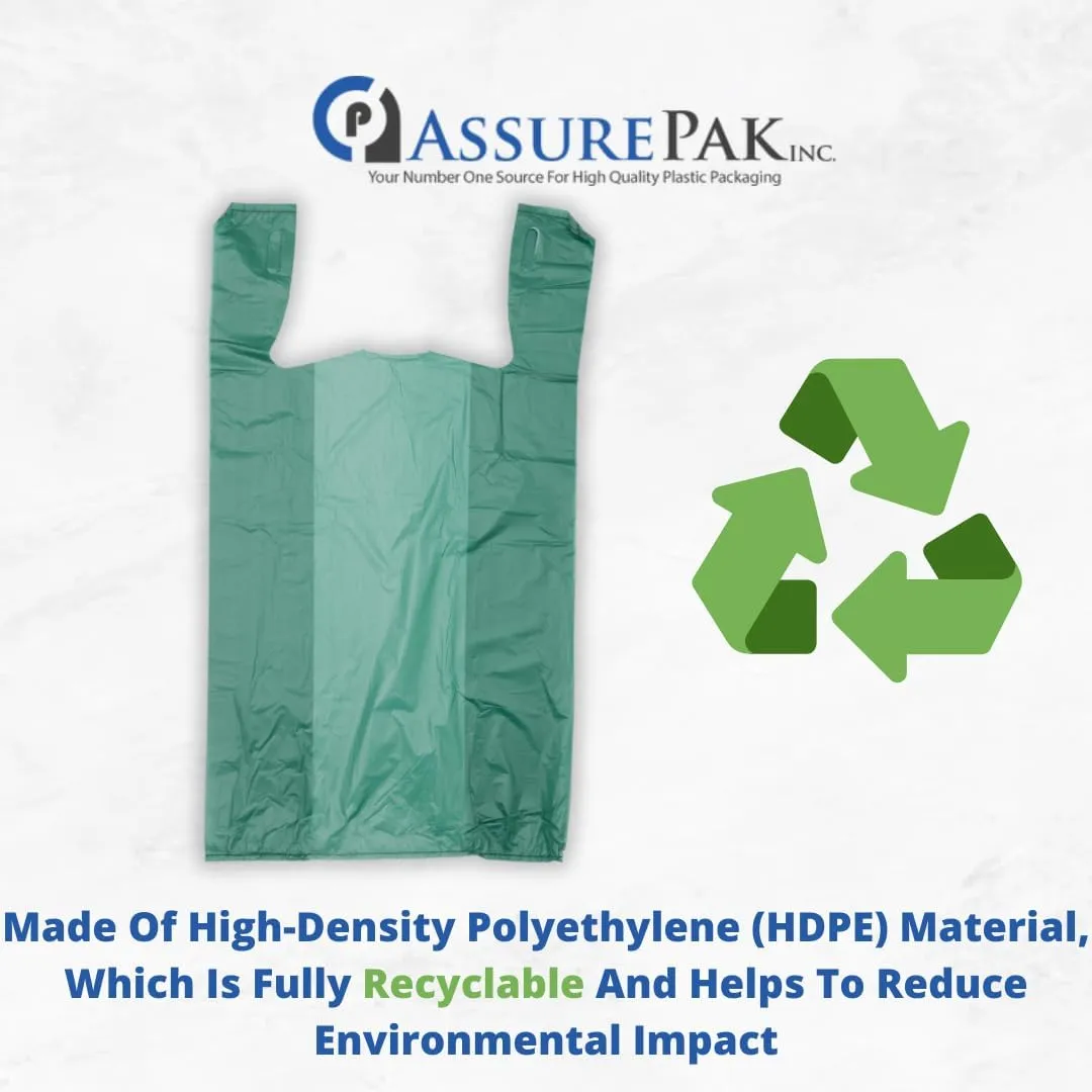 Easy Open - Colored Unprinted HDPE T-Shirt Bags - 1/6 BBL 11.5"X6"X21" - 1000 Bags - 13 microns - Green - LOOP-GREEN-EO