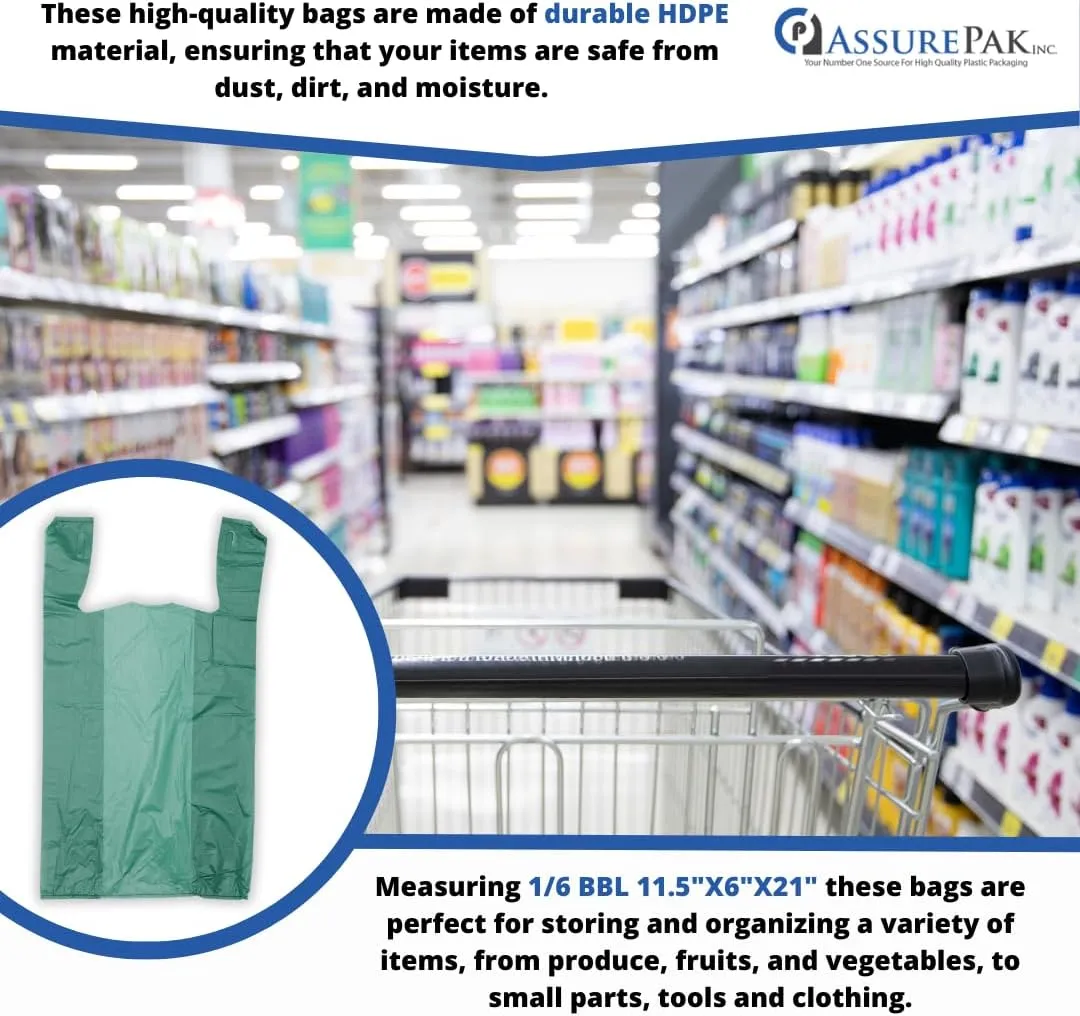 Easy Open - Colored Unprinted HDPE T-Shirt Bags - 1/6 BBL 11.5"X6"X21" - 1000 Bags - 13 microns - Green - LOOP-GREEN-EO