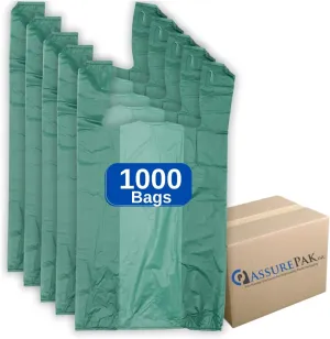 Easy Open - Colored Unprinted HDPE T-Shirt Bags - 1/6 BBL 11.5"X6"X21" - 1000 Bags - 13 microns - Green - LOOP-GREEN-EO