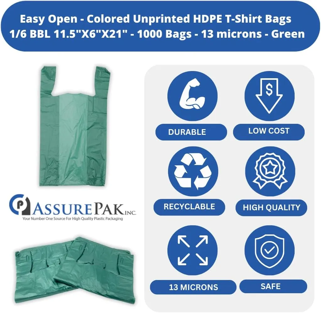 Easy Open - Colored Unprinted HDPE T-Shirt Bags - 1/6 BBL 11.5"X6"X21" - 1000 Bags - 13 microns - Green - LOOP-GREEN-EO
