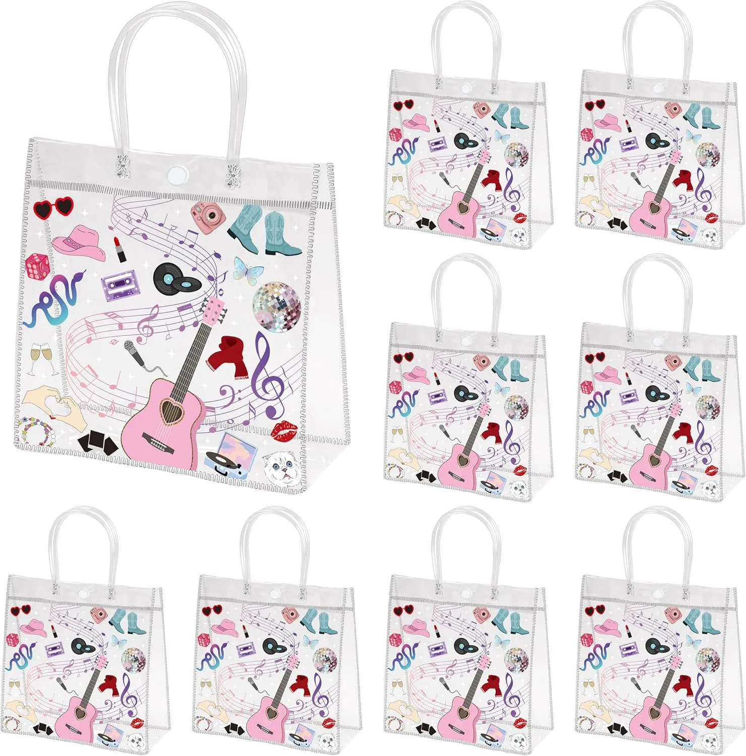 EDaozkend Pop Music Gift Bags with Handle, 24 Popular Music Clear PVC Birthday Bags Musical Lover Themed Fashion Waterproof Pouches for Women Girls, Fans Celebration Party Favor Birthday Gift Handbags