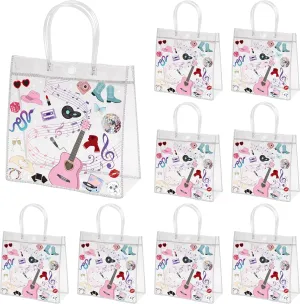 EDaozkend Pop Music Gift Bags with Handle, 24 Popular Music Clear PVC Birthday Bags Musical Lover Themed Fashion Waterproof Pouches for Women Girls, Fans Celebration Party Favor Birthday Gift Handbags