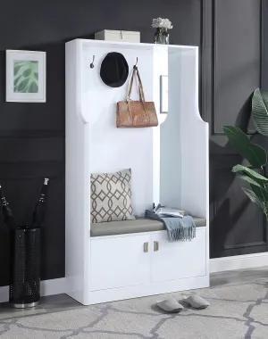 Elegant and Functional Hall Tree for Entryway, High Gloss White Finish, 3 Hooks, Cushioned Seat, Mirror and Storage