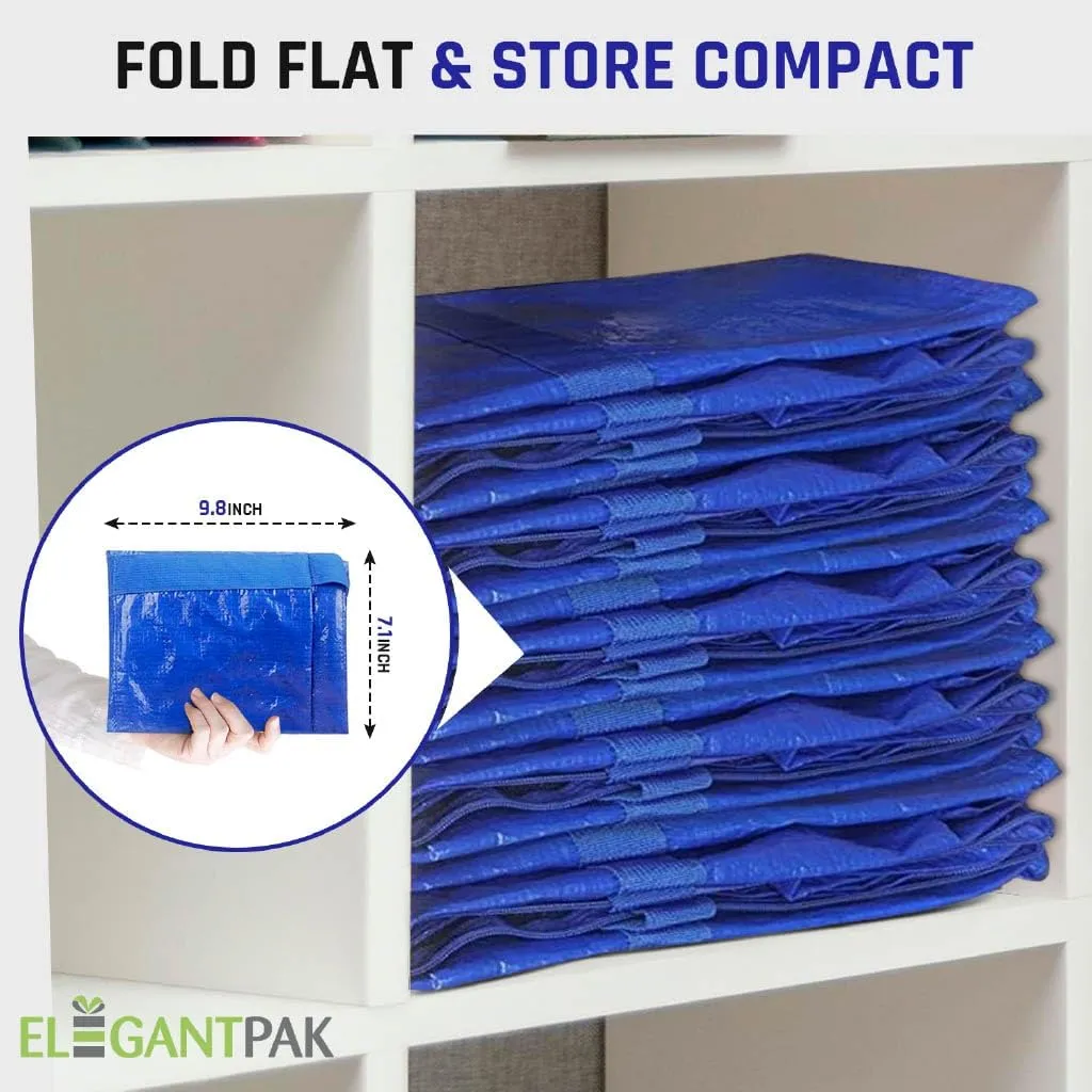 ElegantPak 8 Pack Extra Large Heavy-Duty Moving Bags with Carrying Handles & Zippers, Storage Tote for Space Saving, Folds Flat