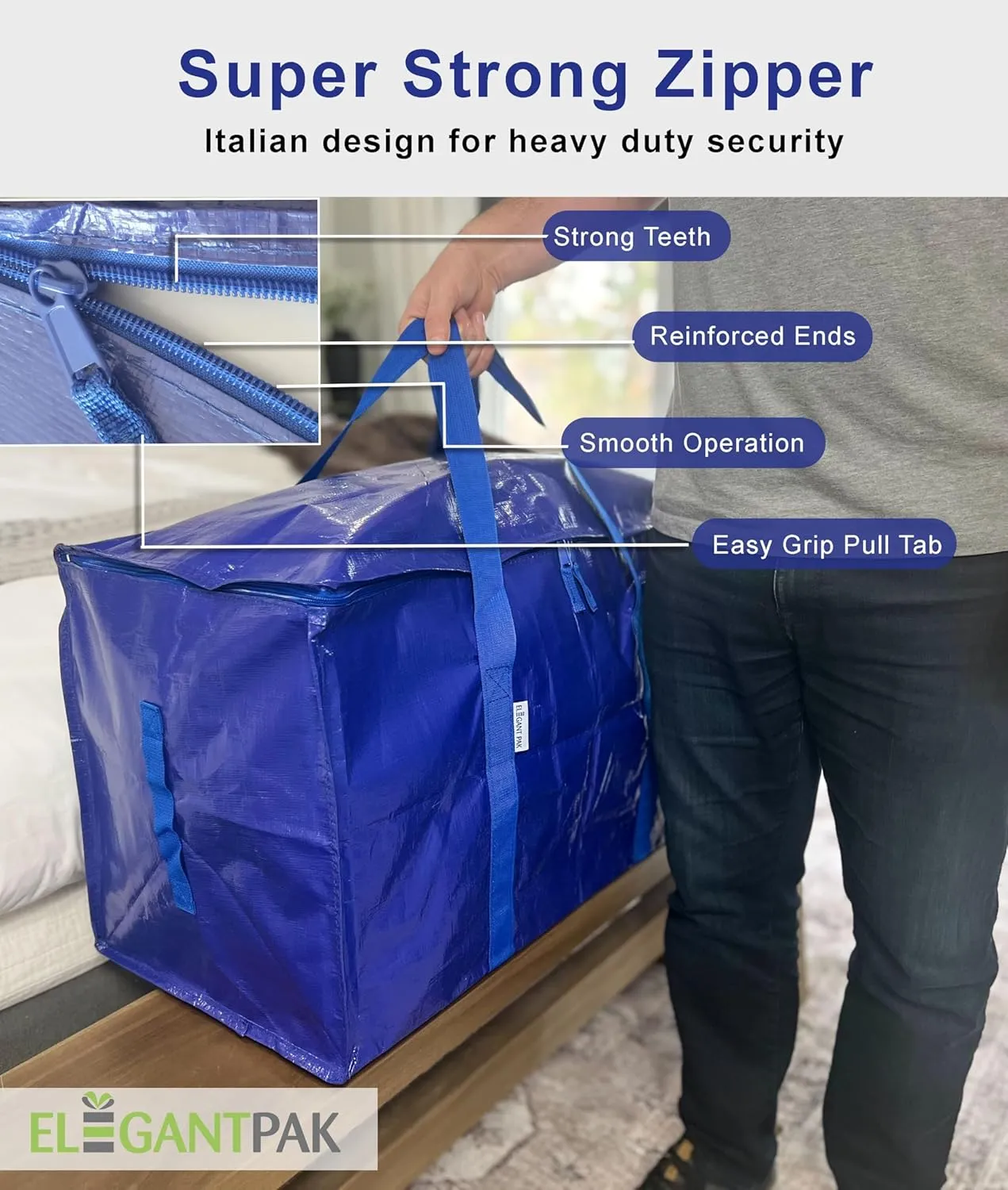 ElegantPak 8 Pack Extra Large Heavy-Duty Moving Bags with Carrying Handles & Zippers, Storage Tote for Space Saving, Folds Flat