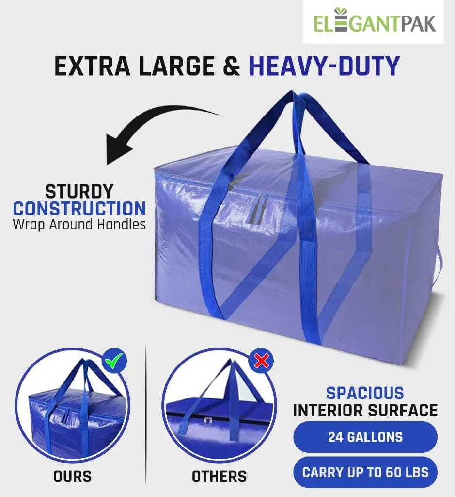 ElegantPak 8 Pack Extra Large Heavy-Duty Moving Bags with Carrying Handles & Zippers, Storage Tote for Space Saving, Folds Flat