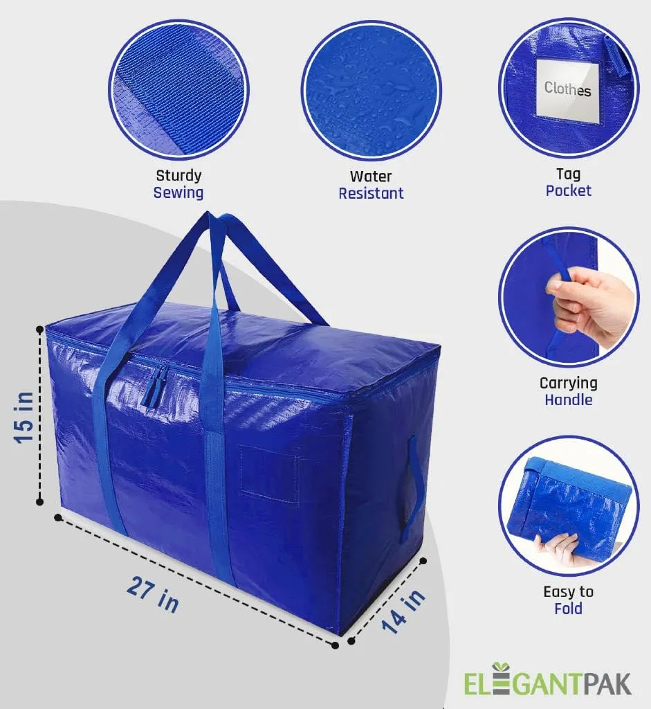 ElegantPak 8 Pack Extra Large Heavy-Duty Moving Bags with Carrying Handles & Zippers, Storage Tote for Space Saving, Folds Flat