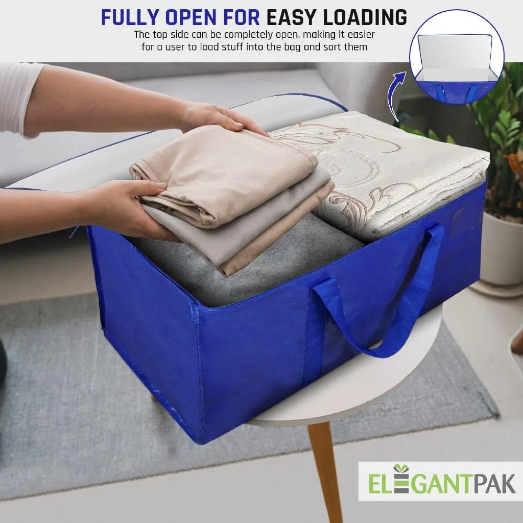 ElegantPak 8 Pack Extra Large Heavy-Duty Moving Bags with Carrying Handles & Zippers, Storage Tote for Space Saving, Folds Flat